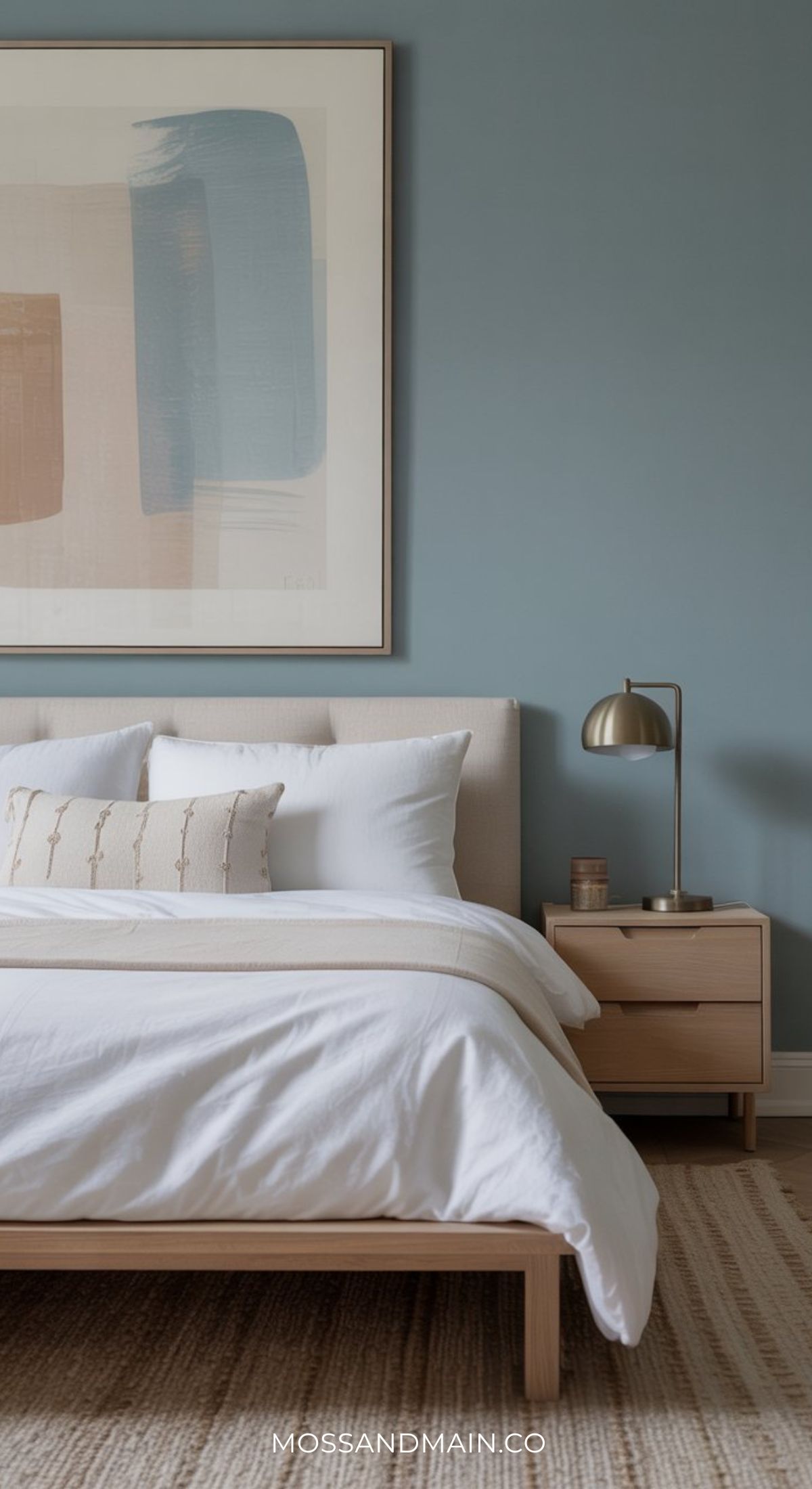 A modern Duck Egg Blue Bedroom with a light wood bed, white bedding, a beige pillow, and abstract art on a blue wall. The elegant bedroom features a wooden nightstand, gold lamp, and calm minimalist design—perfect inspiration for bedroom ideas.