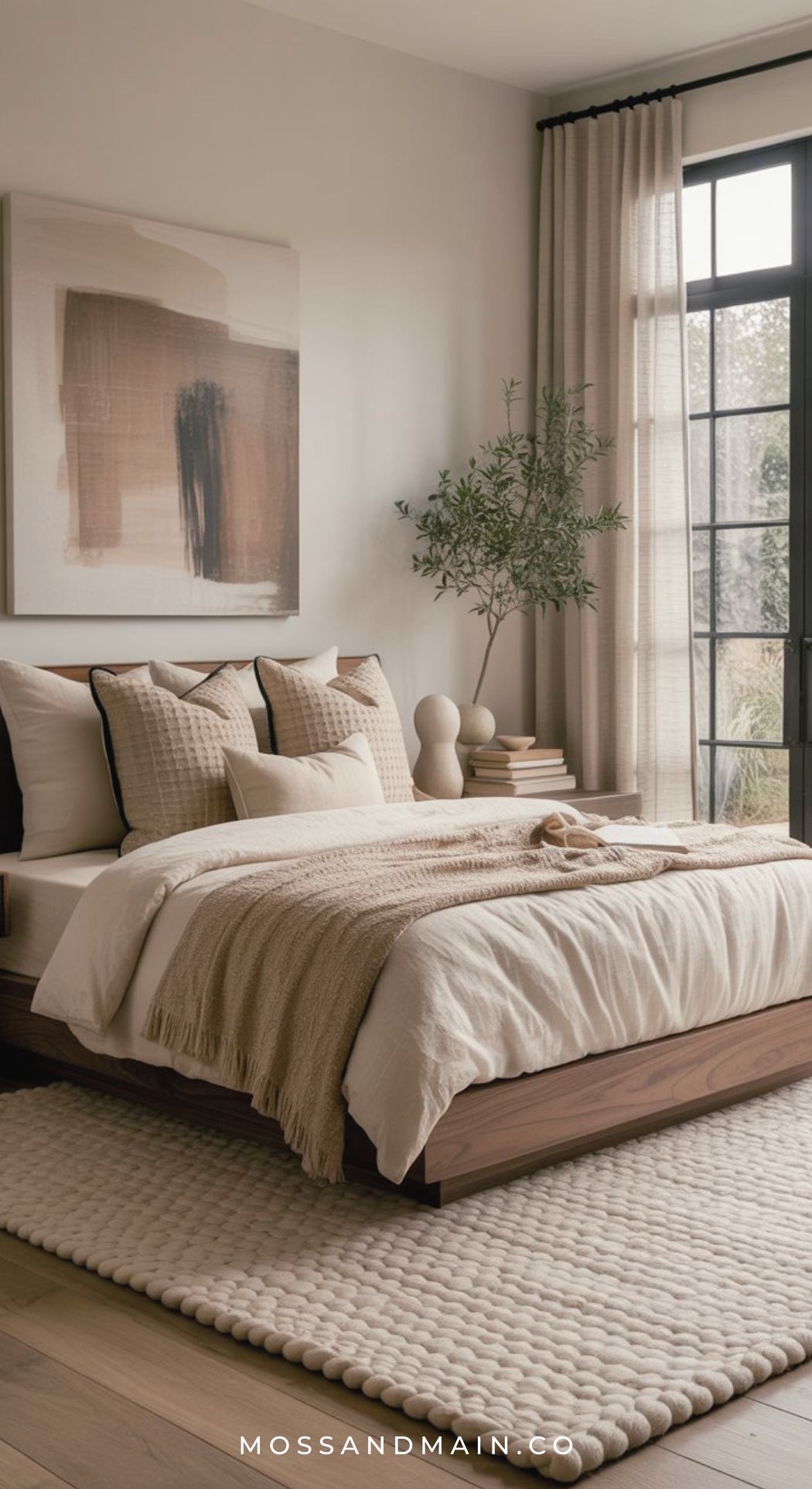 A modern bedroom with a wooden bed, beige and taupe bedding, textured pillows, abstract wall art, a leafy plant, and stacked books. Sheer curtains frame a large window with natural light—perfect inspiration for cozy luxe bedrooms. A chunky knit rug is on the floor.