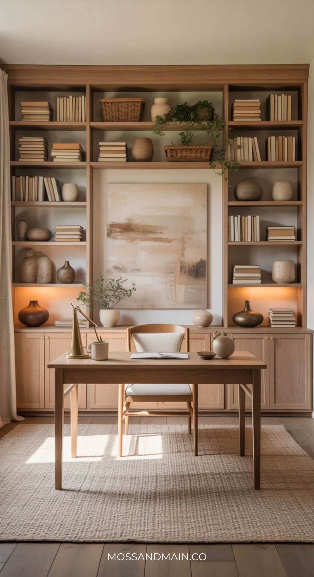 A modern home office with a wooden desk and chair, neutral decor, vases, and a large abstract painting. Built-in shelves hold books and decorative objects, reflecting minimalist office style and modern office design for a cozy, stylish atmosphere.