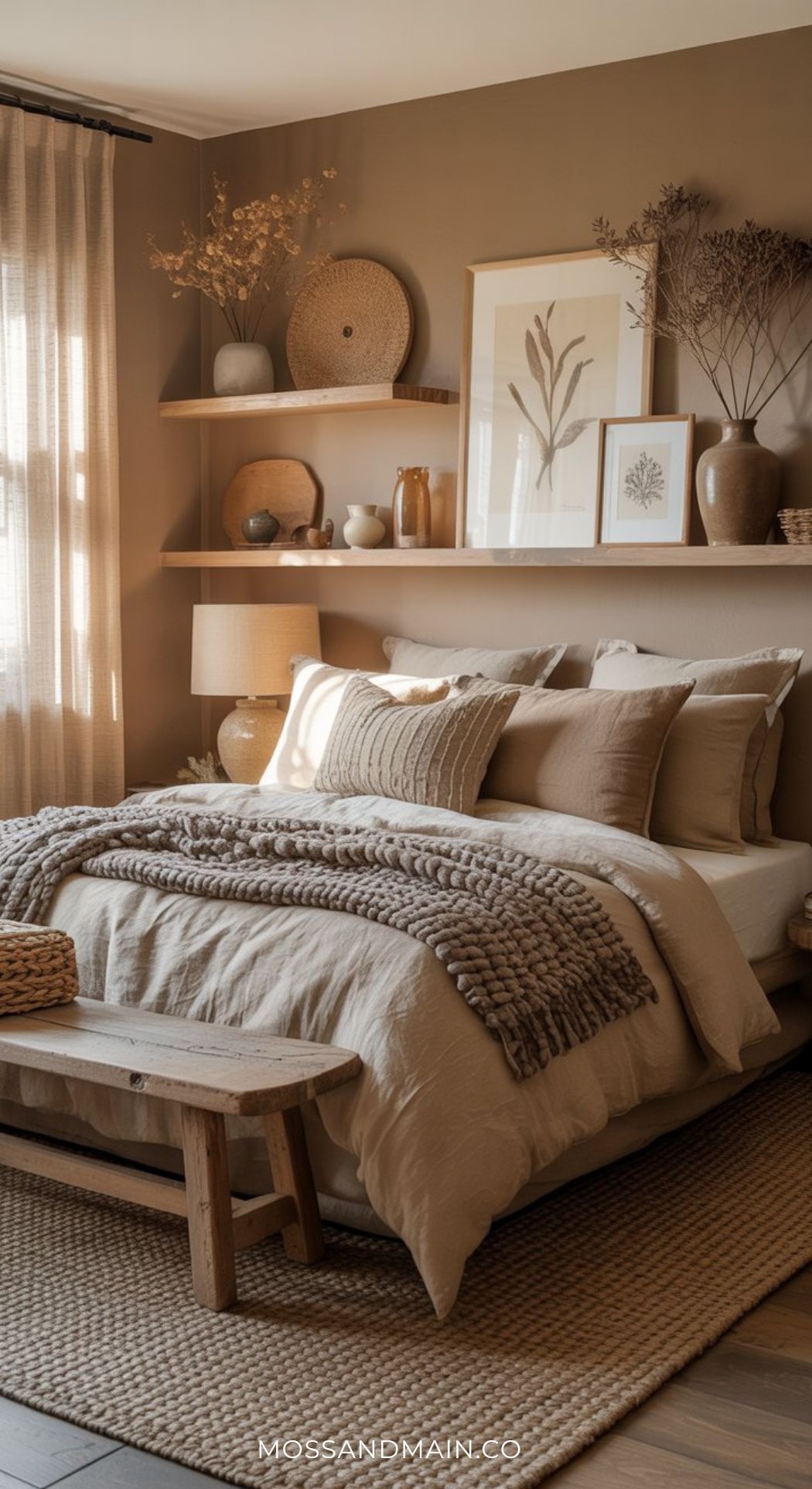 Cozy bedroom with beige walls, layered bedding in neutral tones, textured pillows, and a woven rug inspires slow-living. A wooden bench and shelves with vases, baskets, and botanical art complete these serene bedroom ideas. Soft light streams through sheer curtains.