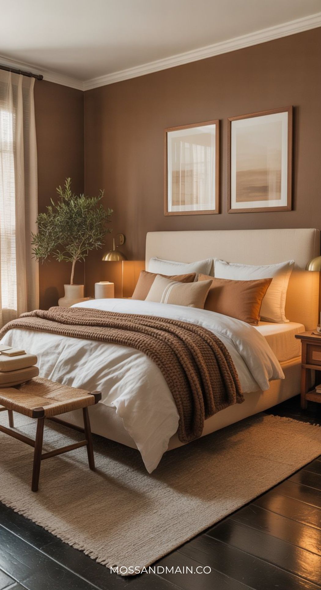 A cozy bedroom with brown walls, a cream upholstered bed, white bedding, brown throw blankets and pillows, wooden nightstands with gold lamps, a potted plant, and framed art above the bed offers warm bedroom inspiration filled with natural light.
