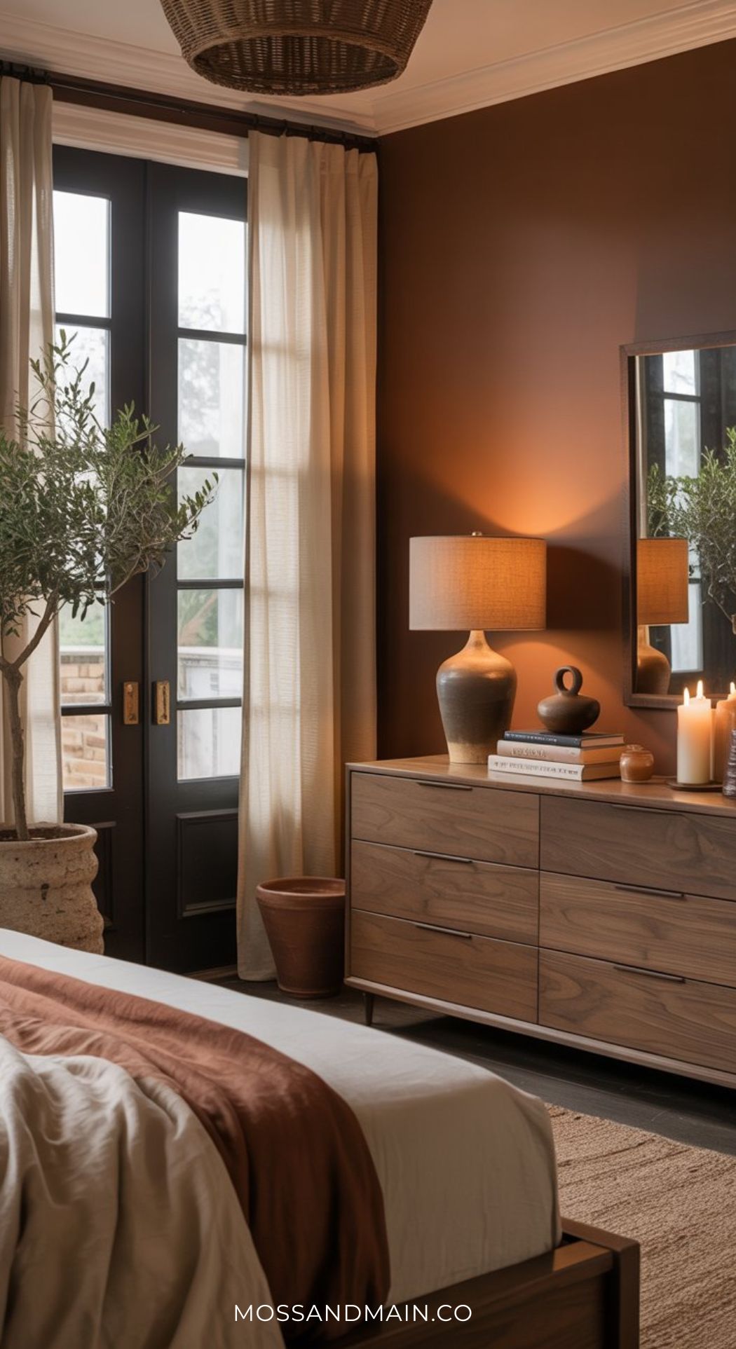 A cozy layered bedroom with dark brown walls, a wooden dresser with decor, a lit lamp, candles, and potted plants. Light curtains frame glass doors leading outside as sunlight softly brightens this slow-living sanctuary.
