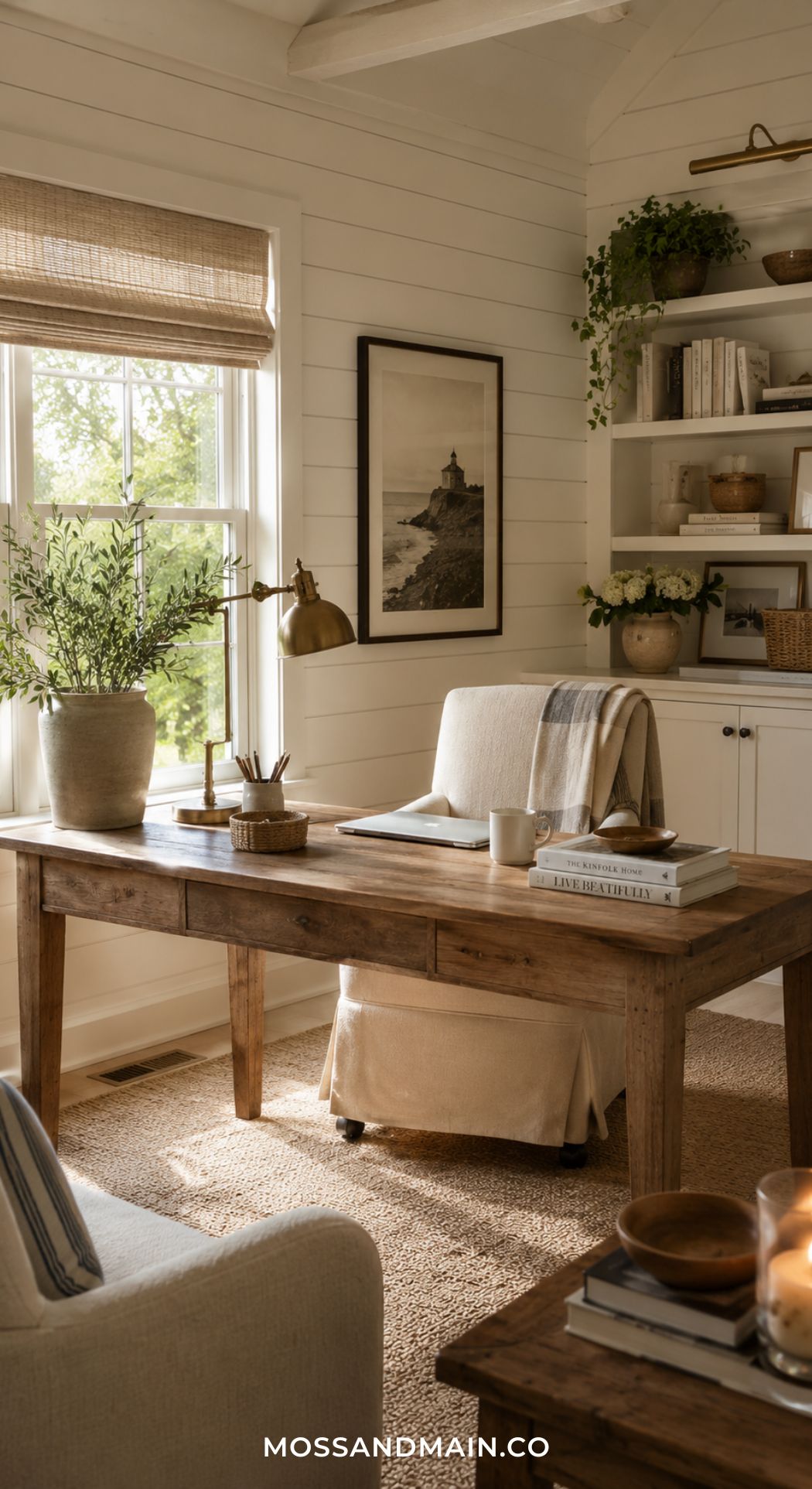 A cozy, sunlit home office featuring a wooden desk with books, a lamp, and a potted plant. An upholstered chair faces the desk. Shelves with decor and plants line the wall—perfect for those seeking warm office ideas.