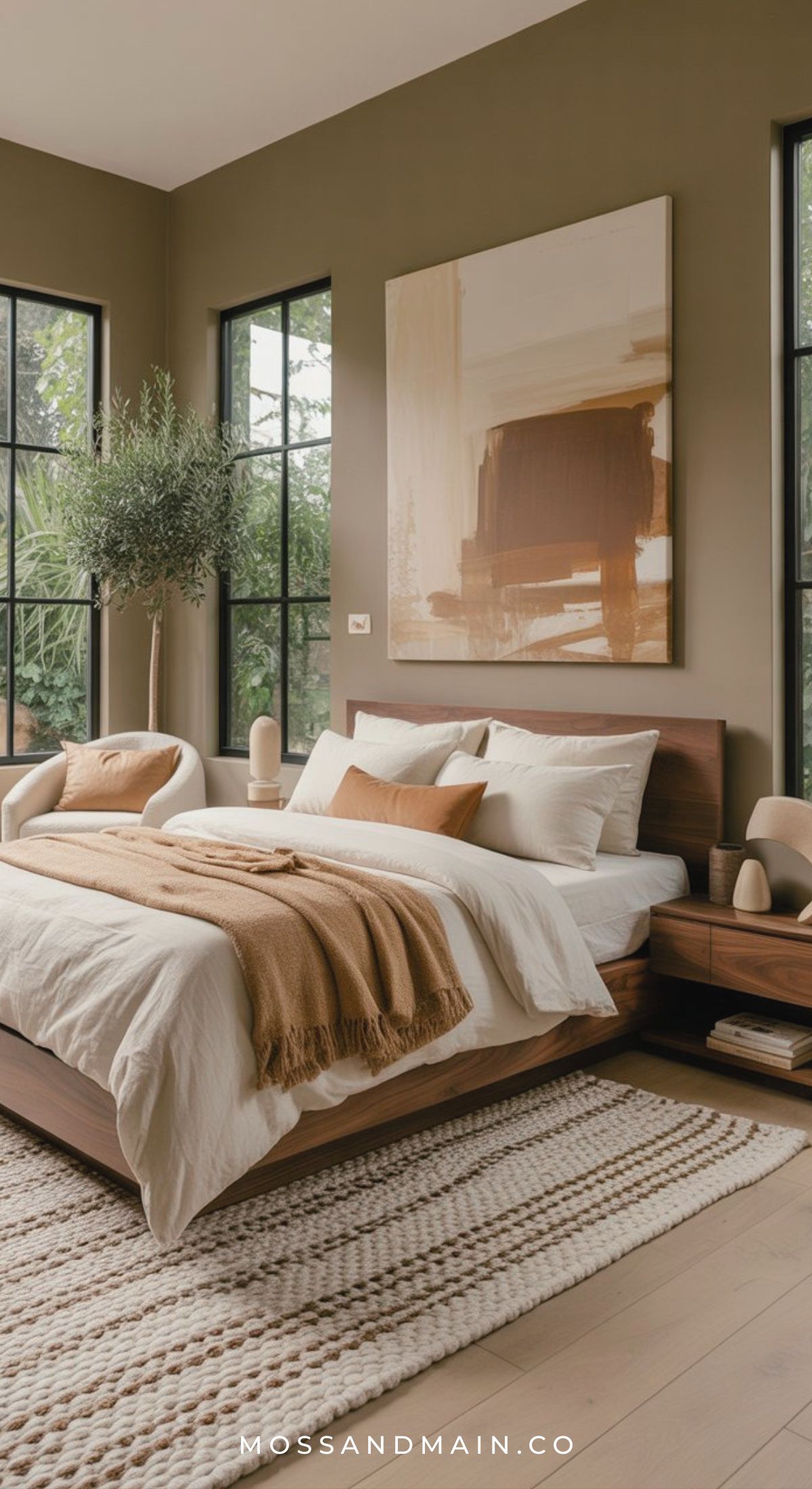 A cozy bedroom with earthy tones features a wooden bed with brown and white bedding—perfect for those seeking earthy bedroom inspiration—alongside beige armchairs, a textured rug, abstract art above the bed, large windows, and a potted plant in the corner.