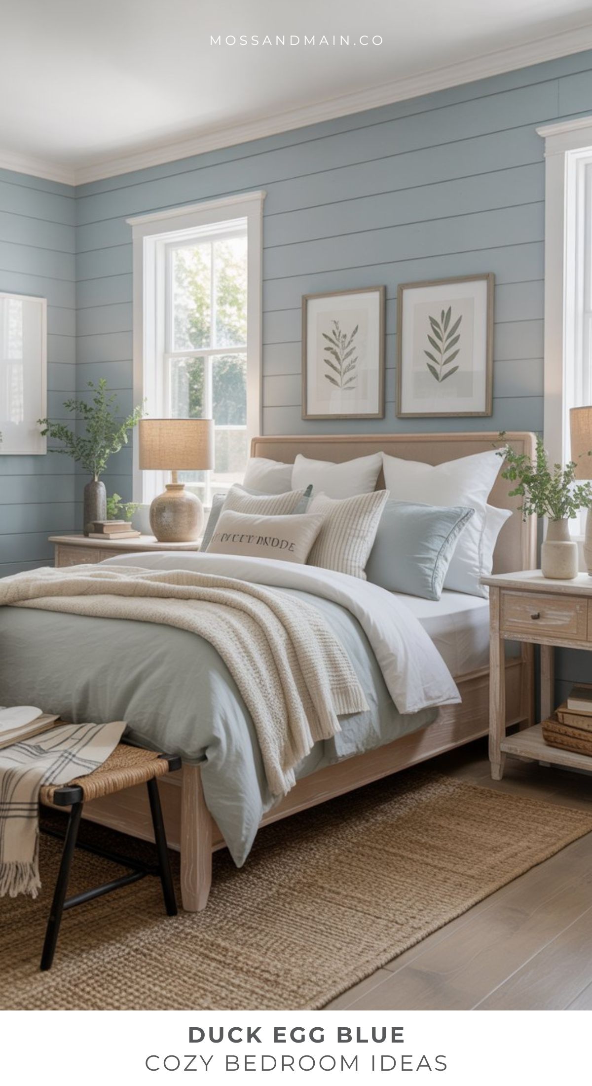 An elegant bedroom featuring duck egg blue shiplap walls, a wooden bed with layered bedding in soft blues and whites, botanical prints above the bed, stylish nightstands, and natural light—perfect inspiration for cozy bedroom ideas.