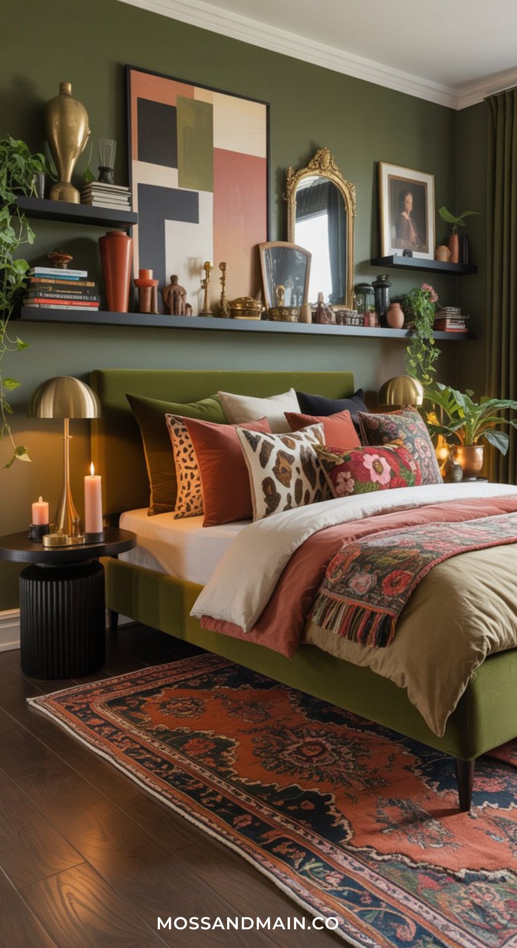A cozy green boho bedroom with olive walls, a vibrant bed layered with colorful pillows and throws, a patterned rug, shelves filled with books and decor, warm lighting, and framed artwork create an inviting and eclectic retreat.