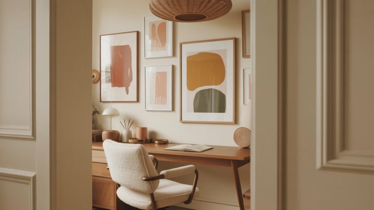A cozy modern minimalist home office design features a wooden desk, white upholstered chair, table lamp, and abstract art in warm earthy tones on the wall, all viewed through an open doorway.