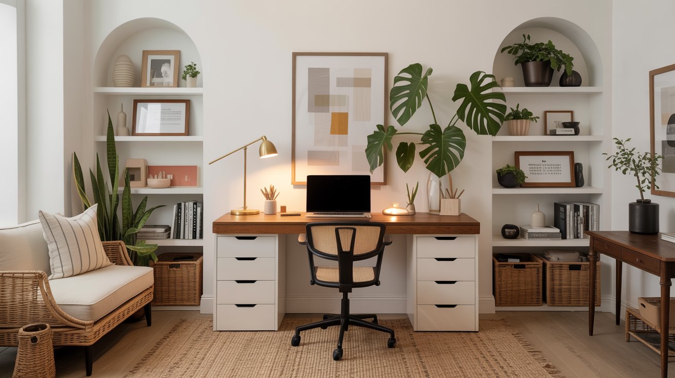 A modern minimalist home office design features a wooden desk, computer, lamp, chair, and decorative plants. Shelves with books, baskets, framed art, and ceramics adorn the white walls. A rattan armchair and neutral rug complete the cozy space.