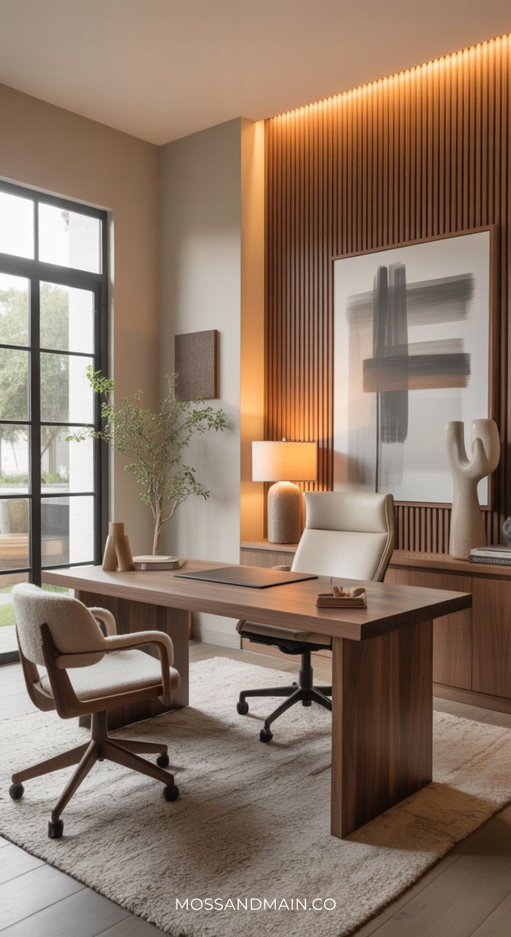 Modern minimalist office design featuring a wooden desk, two beige chairs, abstract wall art, decorative vases, a table lamp, and a potted plant. Vertical wood paneling and a large window create a calm, inviting workspace filled with natural light.