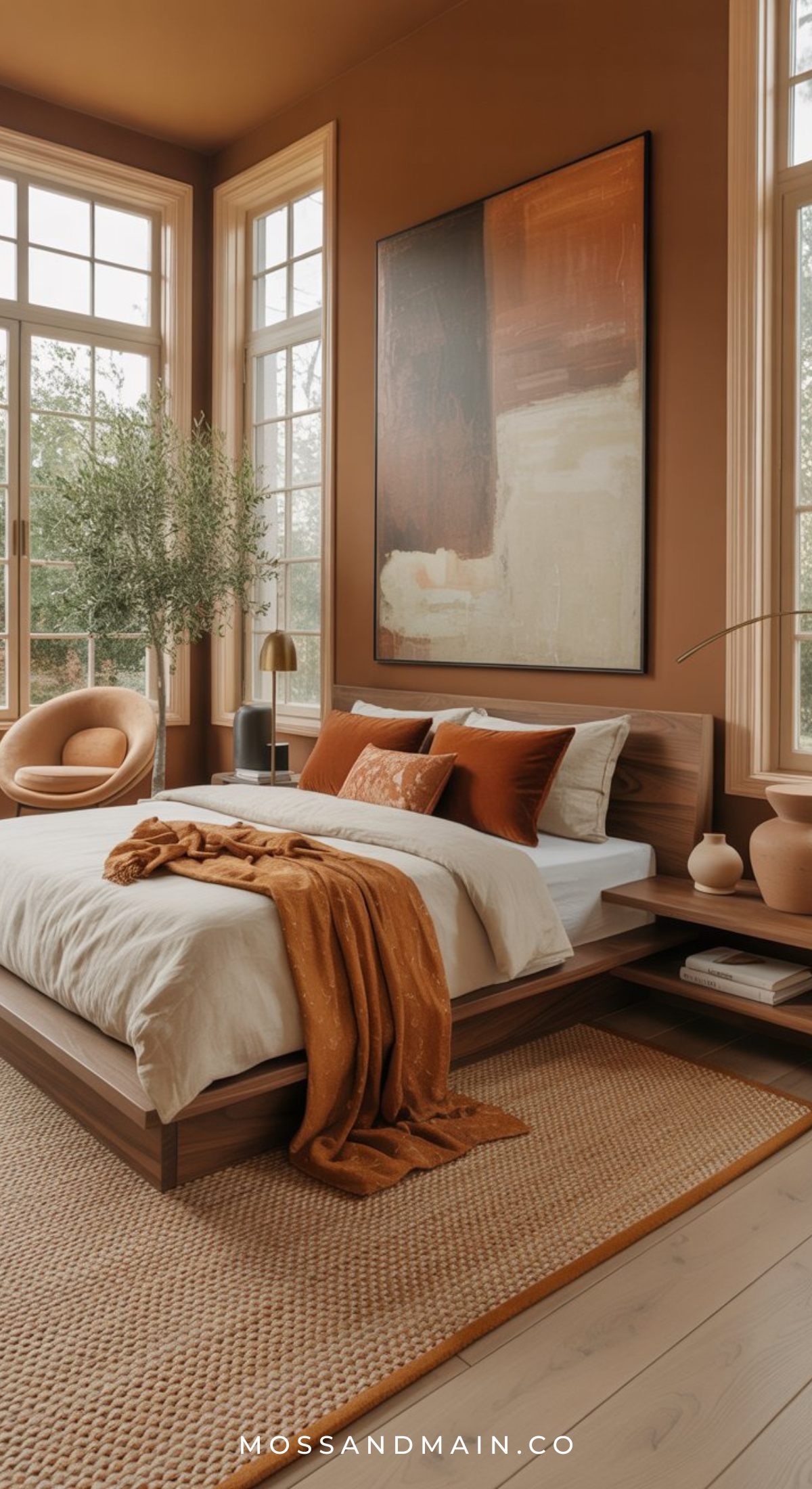 A modern, earthy bedroom with large windows, earth-toned walls, a low wooden bed with white bedding and rust-colored accents—perfect for brown bedroom ideas. Cozy chair, potted plant, abstract art, and minimalist decor. Text reads MOSSANDMAIN.CO.