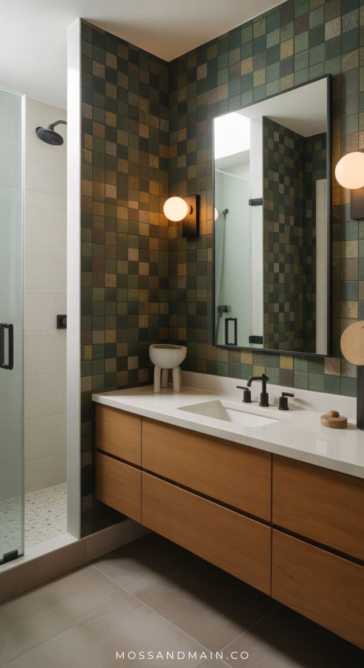Modern olive green bathroom with brown checkered tile wall, floating wooden vanity with white countertop, black fixtures, round wall lights, and a glass-door shower. The space is minimal and stylish—perfect for fresh bathroom ideas.
