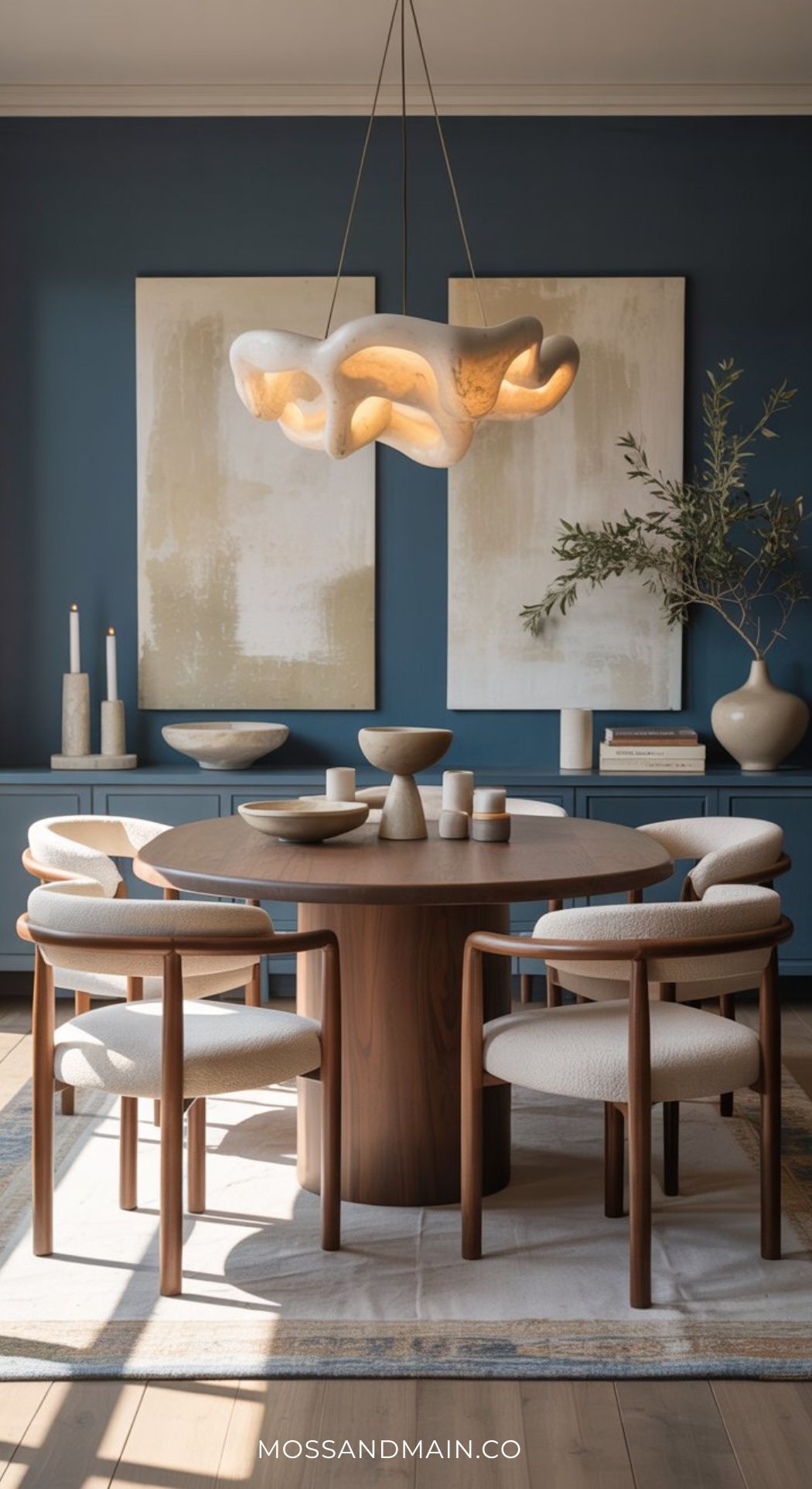 A modern, luxe dining room with a round wooden table, six cushioned chairs, abstract pendant light, neutral art, ceramic decor, and a vase with greenery set against a striking dark blue dining room wall.
