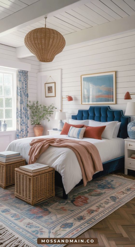 A cozy bedroom with a blue tufted headboard, white bedding, rust and terracotta pillows, a peach blanket, woven baskets, and coastal bedroom decor. Light streams in from a window with blue curtains. A large pendant light hangs overhead.