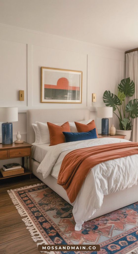 A cozy rust bedroom with white and rust-colored bedding, blue accent pillows, two wooden nightstands with lamps, a large potted plant, and a framed abstract artwork above the bed—perfect for stylish bedroom decor.