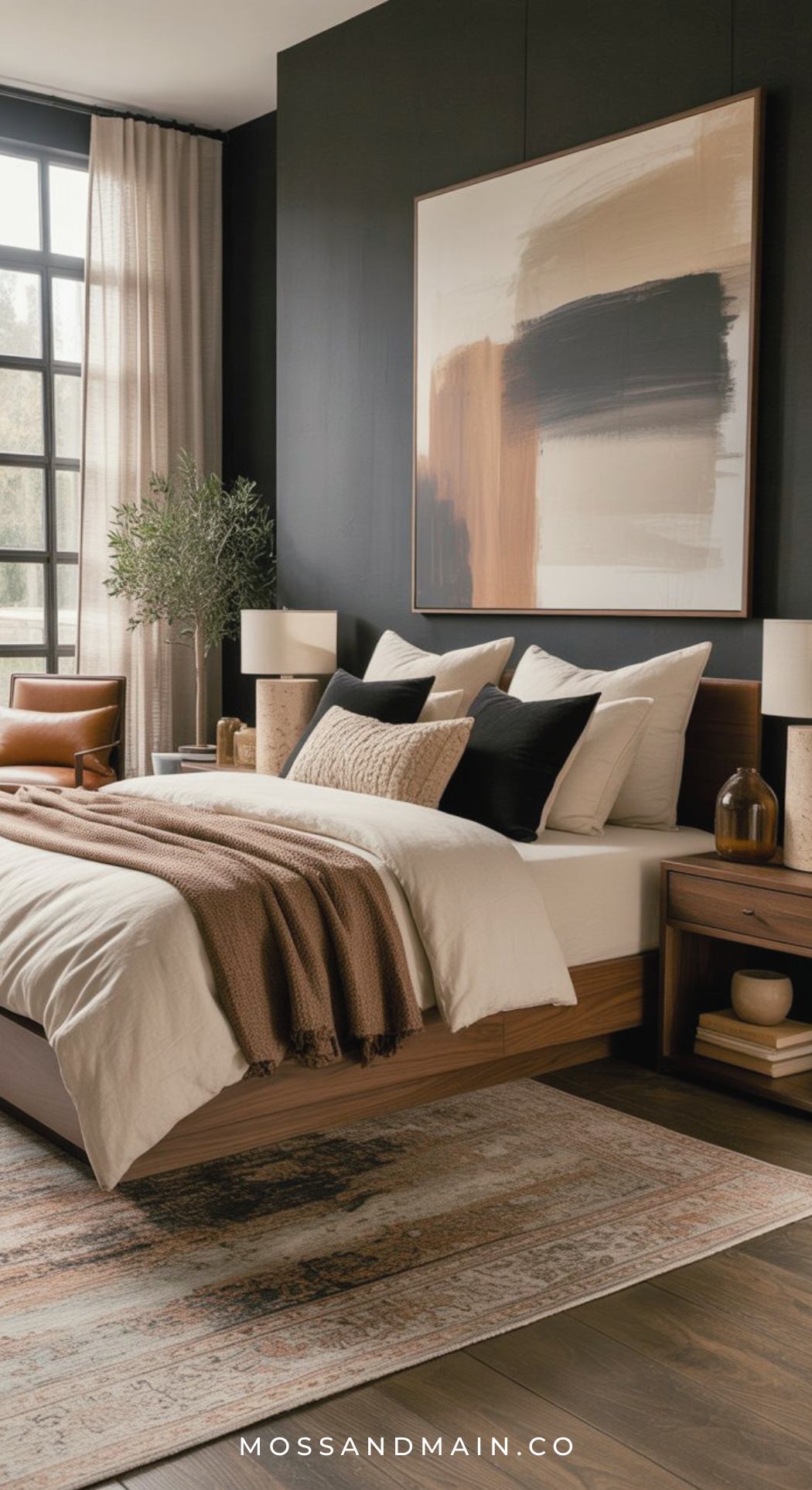 A modern bedroom with a wooden bed, neutral bedding, black and tan pillows, textured brown throw, abstract art above the bed—perfect for exploring black or brown bedroom ideas. Styled with lamps, a patterned rug, large window, and indoor plants. mossandmain.co.