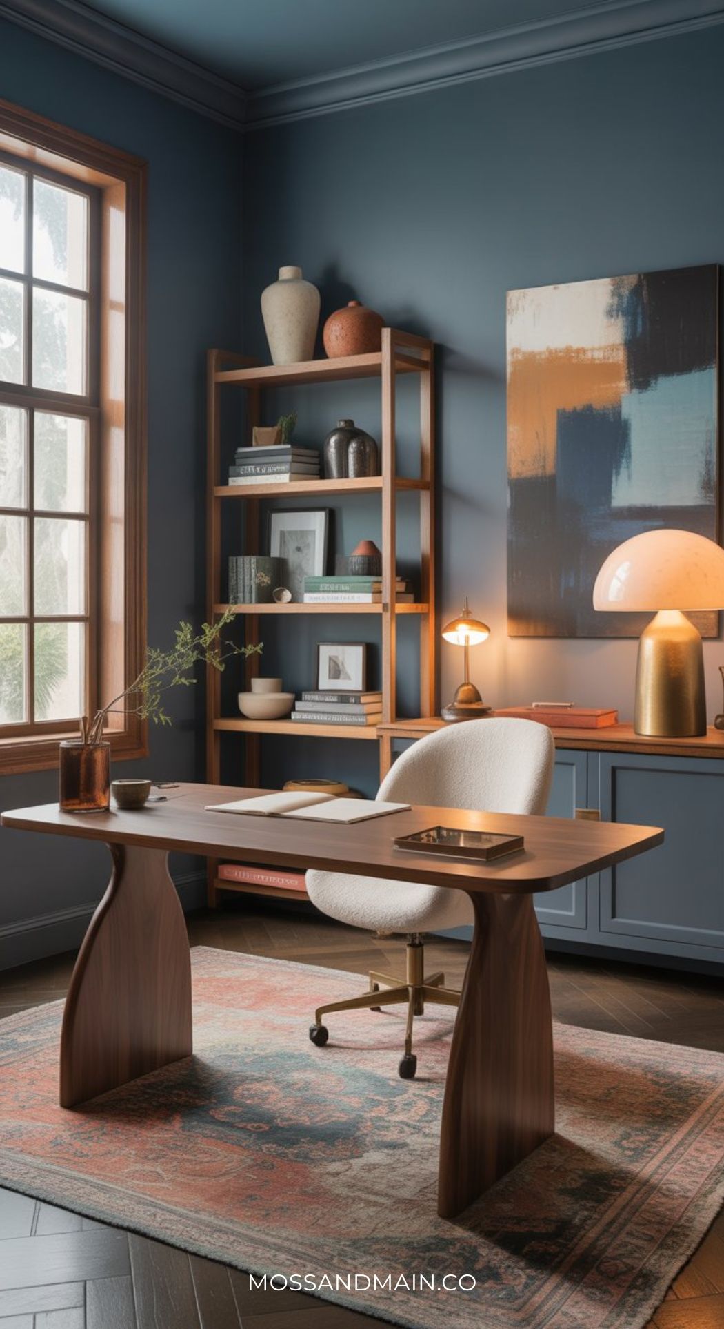 A stylish home office with a modern wooden desk, cushioned chair, bookshelf decor, abstract wall art, and large window. Blue walls and a patterned rug complete this warm office design inspired by modern minimalist office design principles.