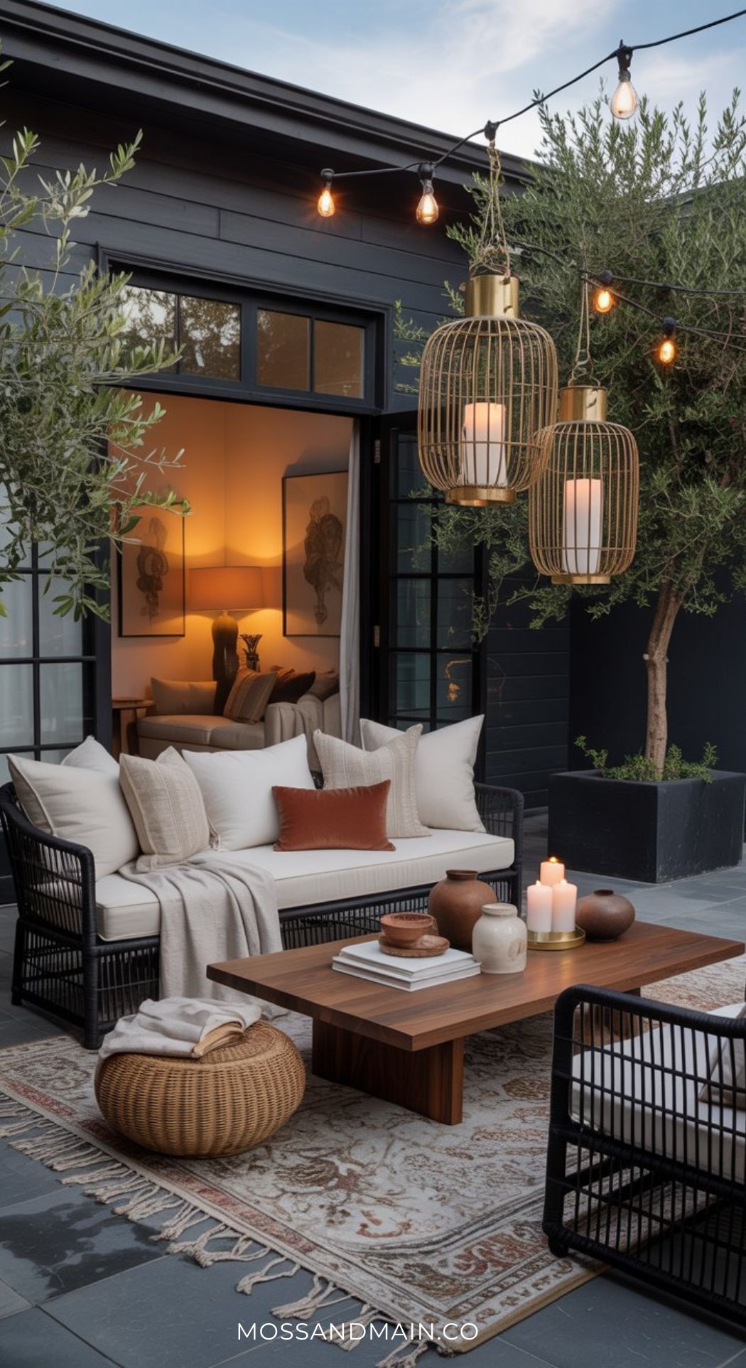 Cozy patio ideas come to life with cushioned black wicker furniture, a wooden coffee table, candles, and decorative pillows. Overhead string lights and lanterns add warmth as open doors reveal a softly lit indoor space for true backyard luxury.