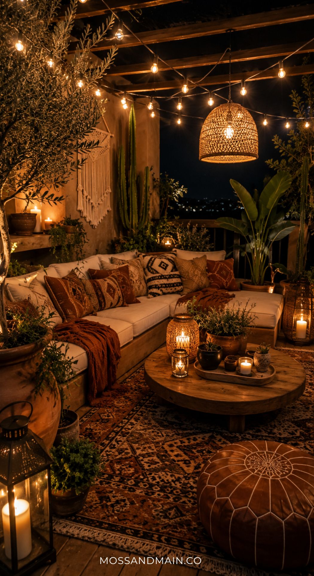 A cozy patio at night features a sofa with patterned pillows, a round wooden table with candles, plants, lanterns, a woven rug, and string lights overhead—perfect for those seeking inspiring Boho patio ideas and a warm, inviting atmosphere.