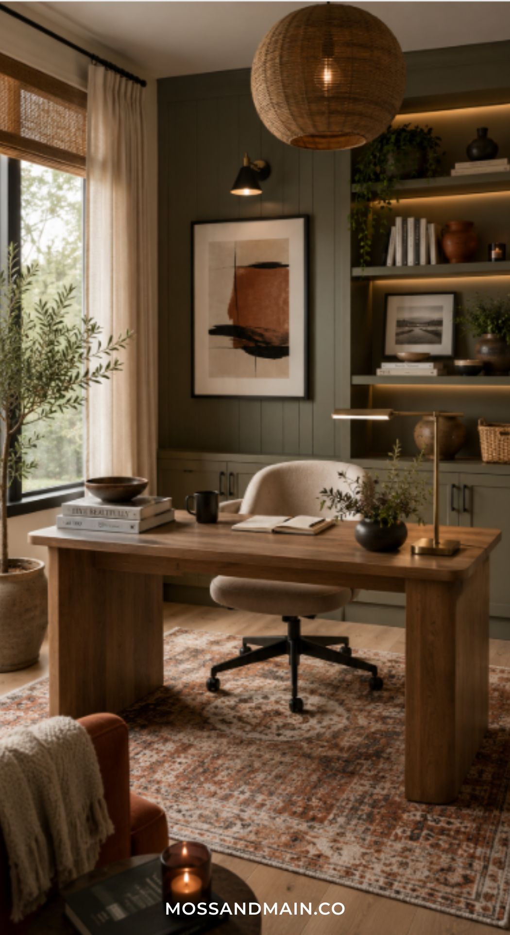 A cozy, modern minimalist office design with a wooden desk, beige chair, table lamp, books, potted plants, and wall art. Built-in shelves display decor items as natural light pours through large windows with light curtains. Text at bottom: mossandmain.co.