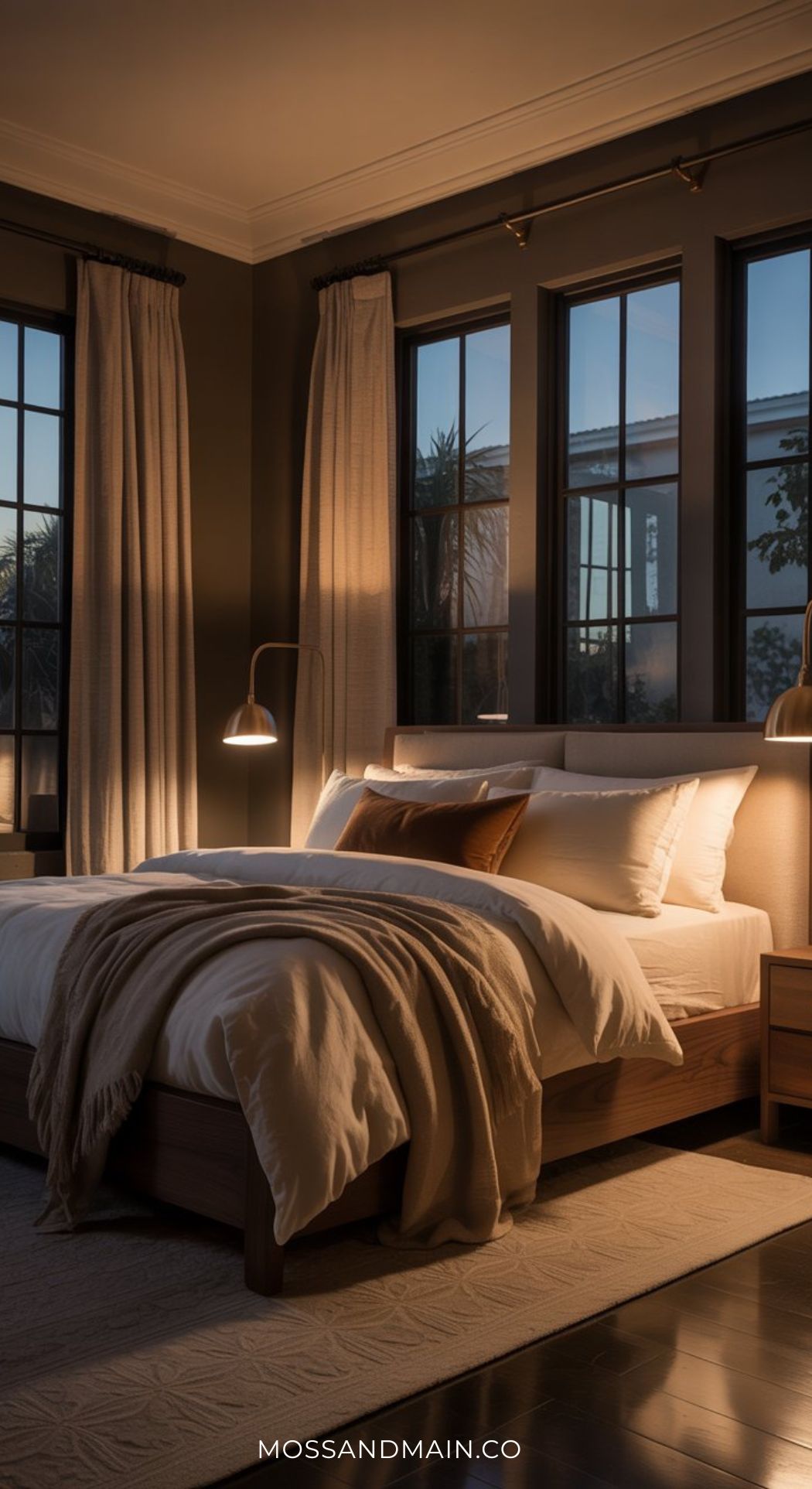 A cozy, modern bedroom with large windows, soft lighting, a neatly made bed with white linens and a tan throw blanket—perfect for slow living. Wooden furniture and beige curtains catch the sunset. Text at the bottom reads MOSSANDMAIN.CO.