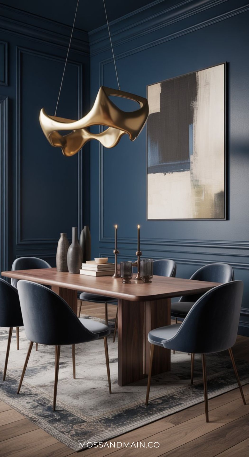 A moody dining room with dark blue walls, a wooden table, blue upholstered chairs, abstract wall art, decorative vases, lit candles, and a sculptural gold chandelier overhead. Text at bottom: MOSSANDMAIN.CO.