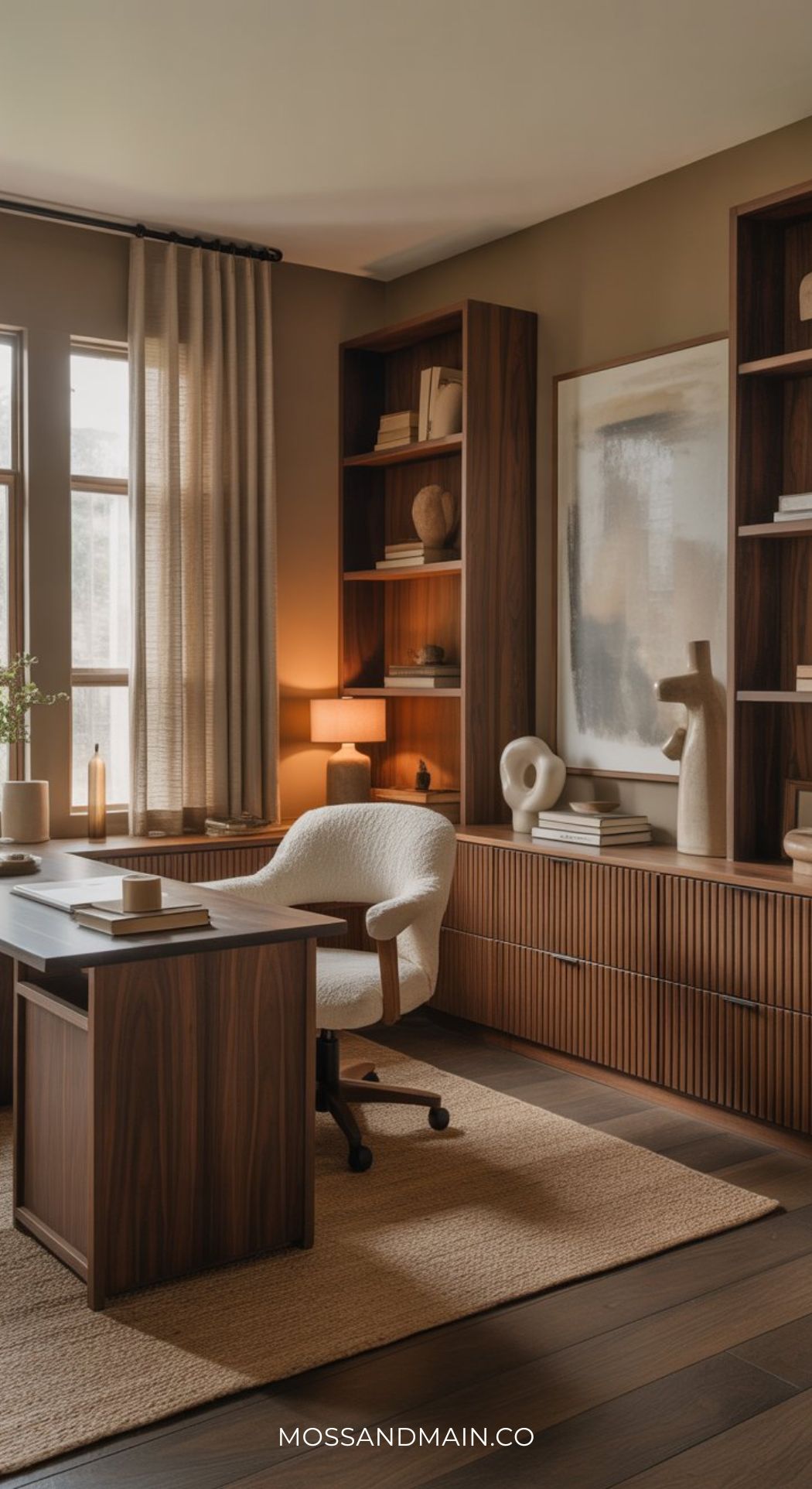 A modern minimalist office design features a wooden desk, white cushioned chair, built-in bookshelves, abstract decor, soft lighting, and large windows with sheer beige curtains. The space feels warm and inviting.