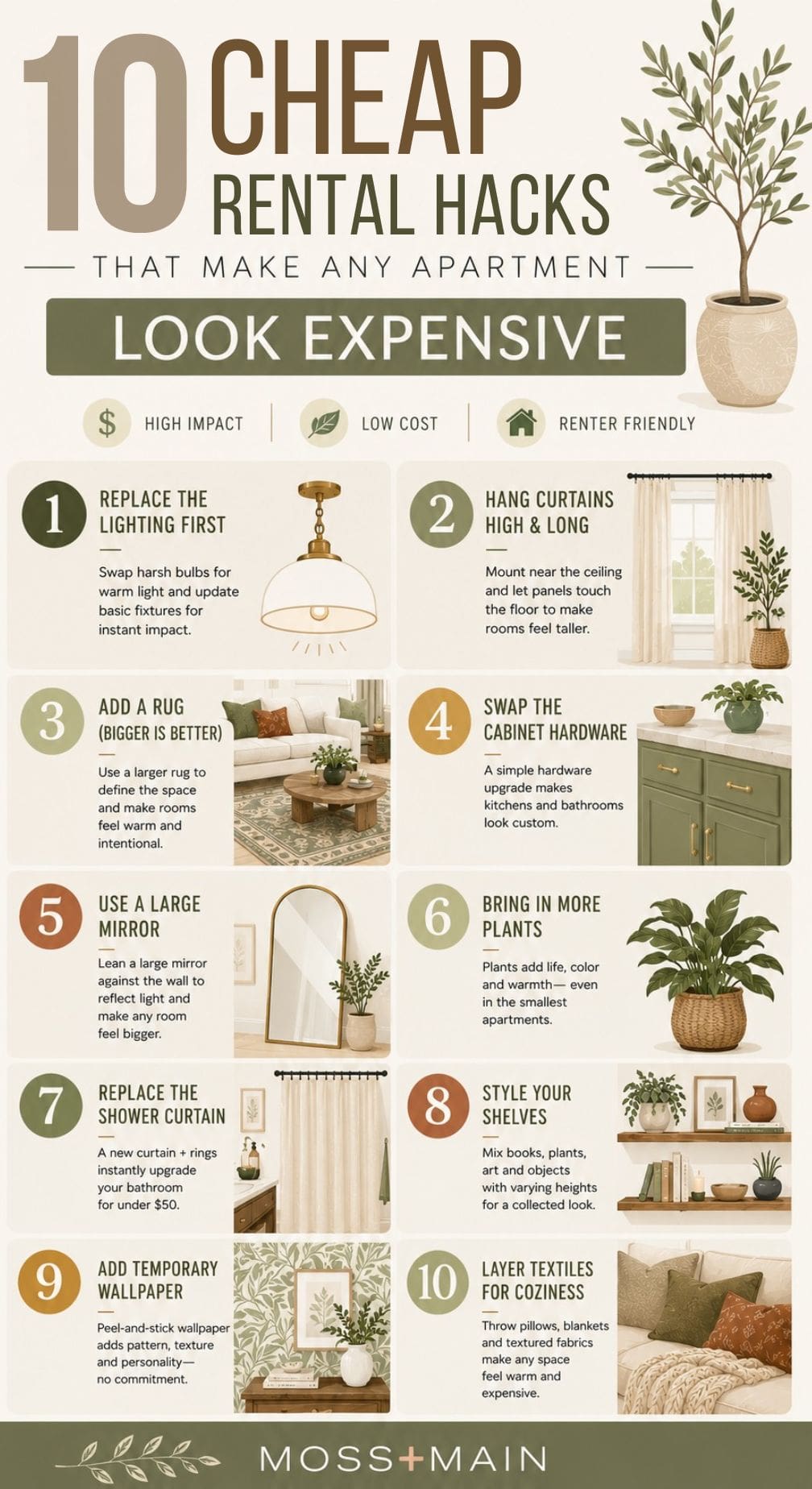 Infographic titled 10 Cheap Rental Hacks That Make Any Apartment Look Expensive, featuring illustrated rental decorating tips such as updating lighting, hanging curtains high, adding rugs and mirrors, and swapping hardware.