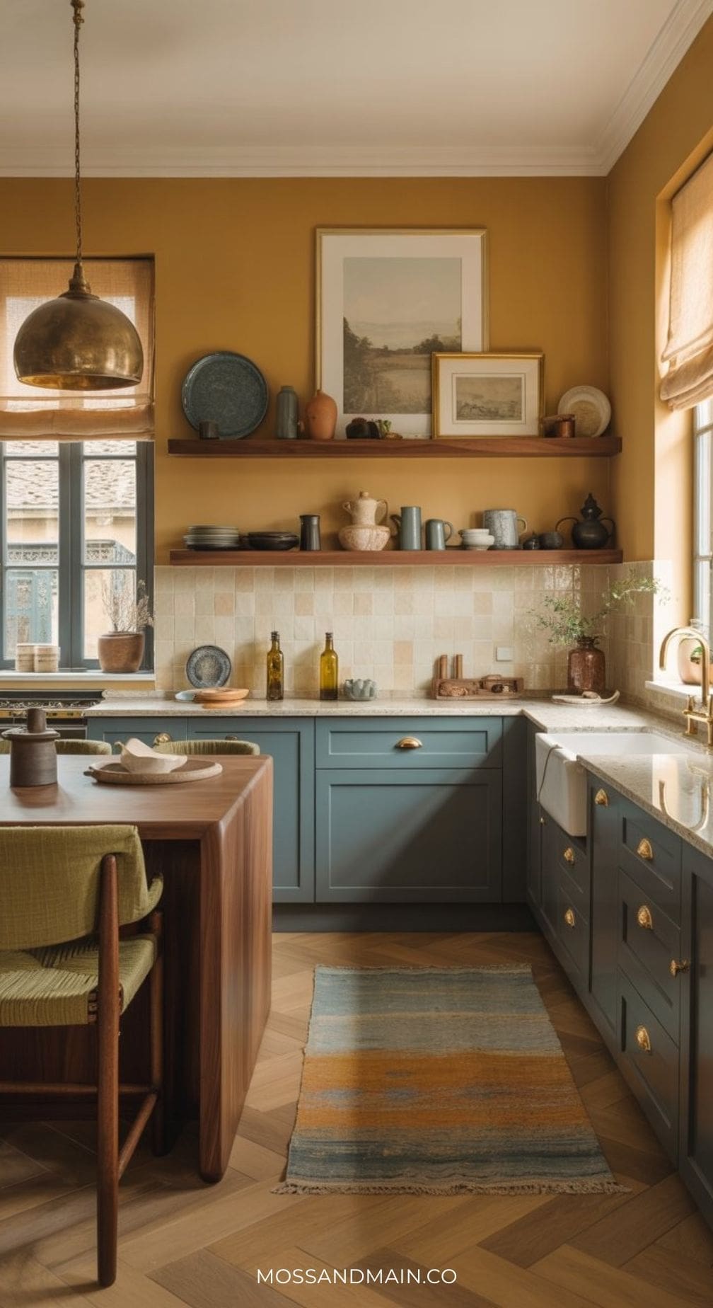 A cozy kitchen with a blue and mustard color palette, wooden countertops, open shelves with dishes and art, a striped rug, large windows with beige shades, and warm mustard-yellow walls. Natural light fills the space.