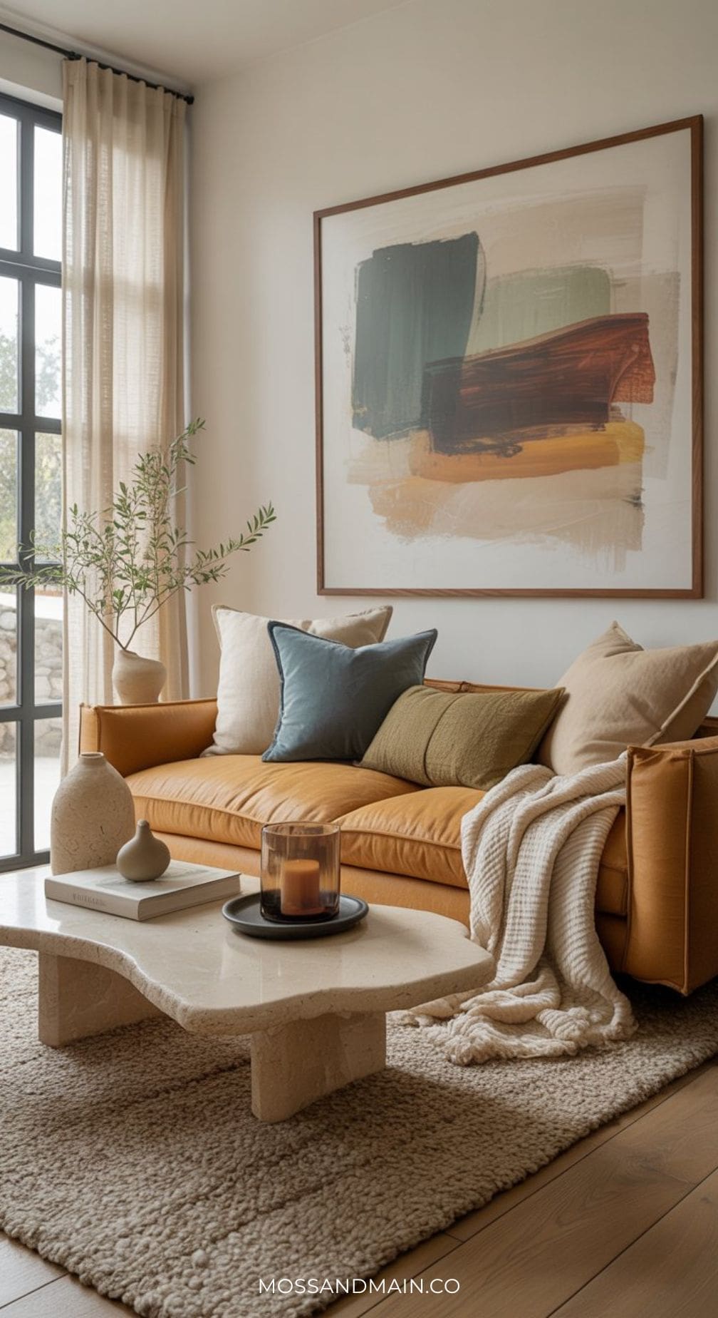 A modern living room with a tan leather sofa, blue and mustard pillows, a cozy blanket, cream-colored rug, stone coffee table with candles and decor, a potted plant, and abstract wall art above the sofa.