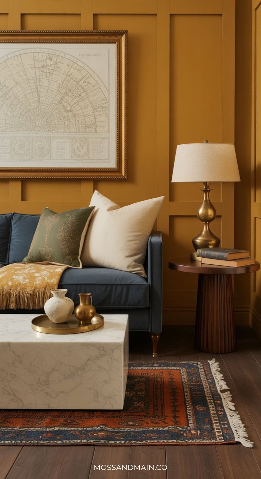 A stylish living room with a blue and mustard color palette, featuring mustard yellow paneled walls, a navy sofa with decorative pillows, a marble coffee table, brass lamp on a wooden side table, patterned rug, and a framed map above the sofa.