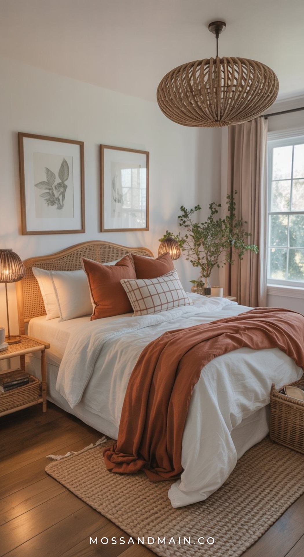 Cozy earthy bedroom with a woven headboard, white bedding, rust orange pillows and throw, rattan lamps, framed botanical prints, a leafy plant, and natural light. A rug and side table add warmth to this tranquil space.