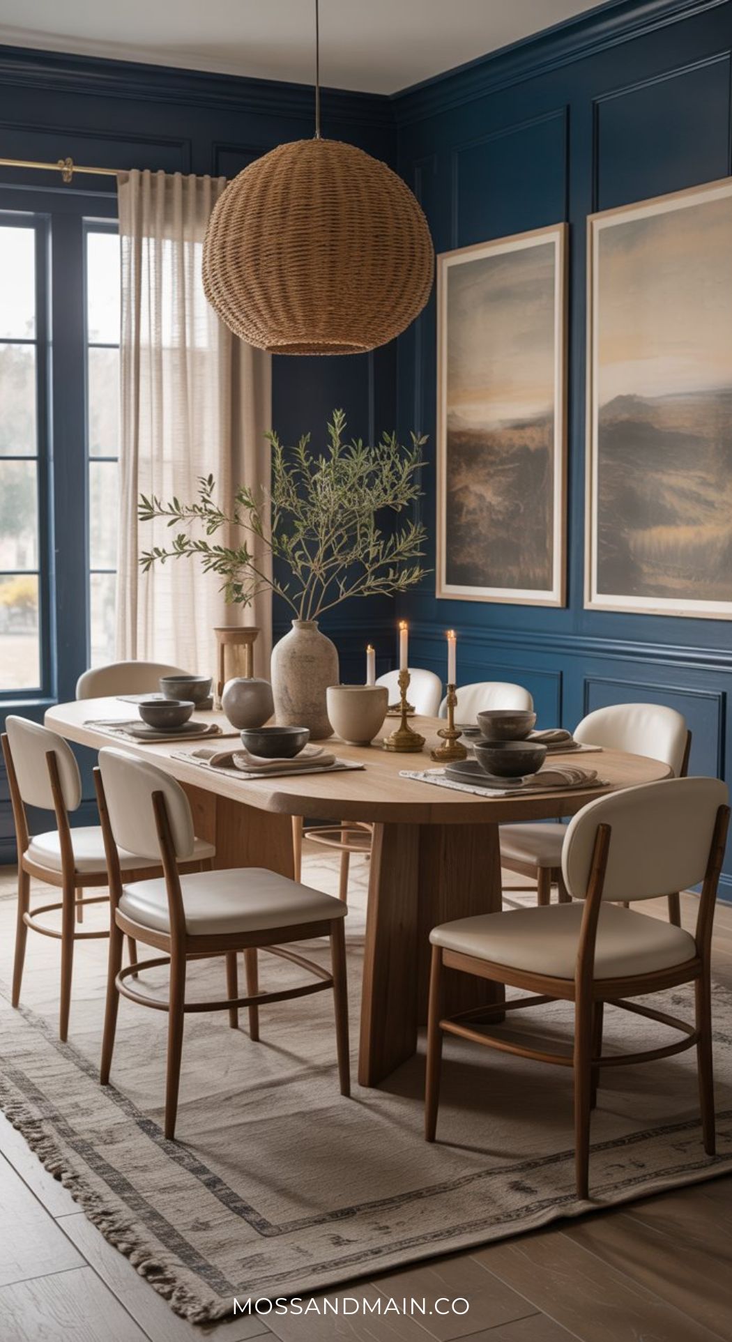 A luxe dining room featuring a wooden table, six chairs, neutral tableware, candles, and vases with greenery. Dark blue walls, large landscape art, a woven pendant light, and natural window light create a cozy atmosphere.