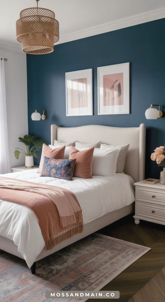 A modern bedroom with a cream upholstered bed, white linens, pink, blue, and rust accent pillows, a pink throw, two white nightstands, wall sconces, framed art, a navy accent wall, and a woven pendant light.