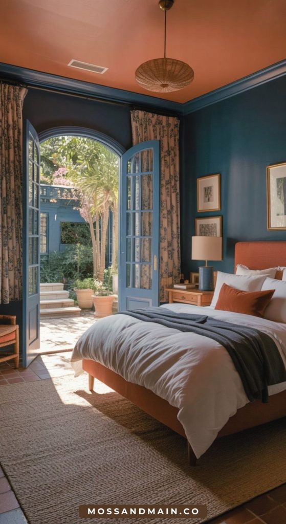 A stylish bedroom with deep blue walls, a terracotta ceiling, and French doors opening to a sunny garden. The cozy space features rust and white bedding, natural light, and thoughtfully curated decor.