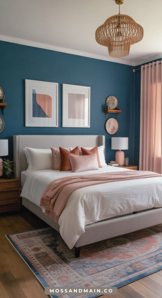 A stylish bedroom with a blue accent wall, gray upholstered bed with white and blush bedding, wooden nightstands, abstract wall art, and pink curtains. Rust and terracotta accents spice up the bedroom decor, along with a woven pendant light overhead.