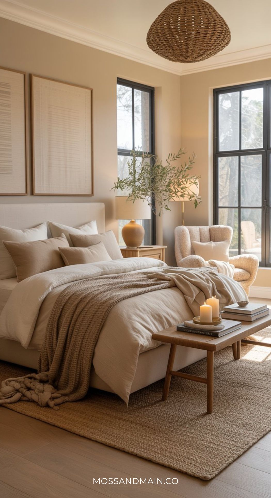 A cozy bedroom with neutral tones, featuring beige bedding, a knitted throw, and a wooden bench with candles—perfect for anyone seeking bedroom ideas that combine comfort and modern style. Plush chair and potted plant by large windows complete this beige bedroom retreat.