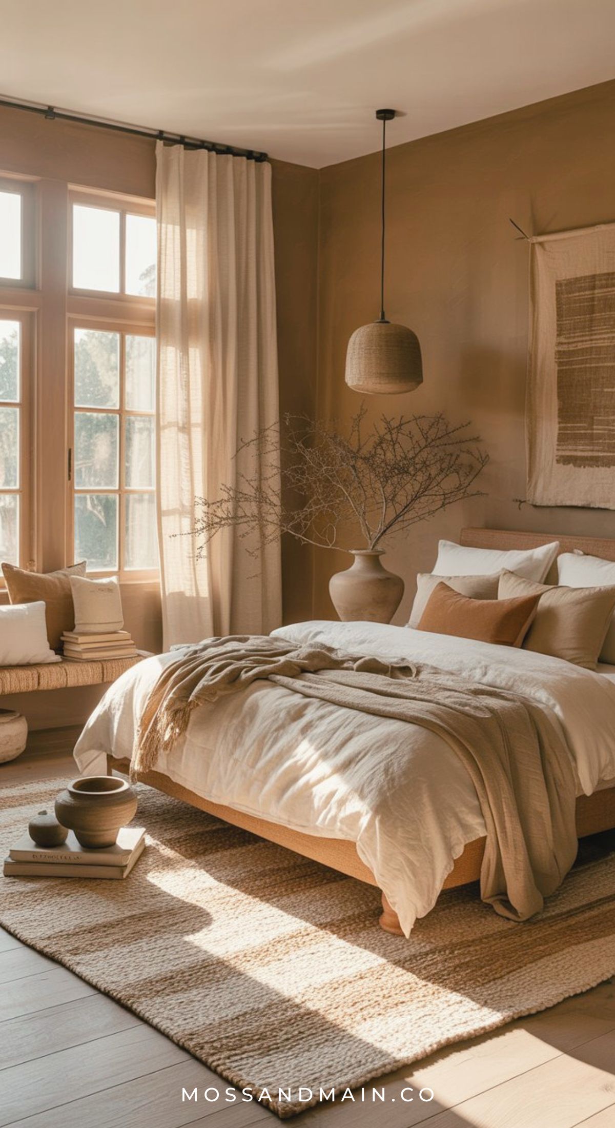 A cozy bedroom with neutral, earthy tones features a large bed with cream bedding, a woven rug, wooden accents, and natural light streaming through tall windows—perfect inspiration for those seeking cozy bedroom ideas. Dried branches and minimal decor complete the look.