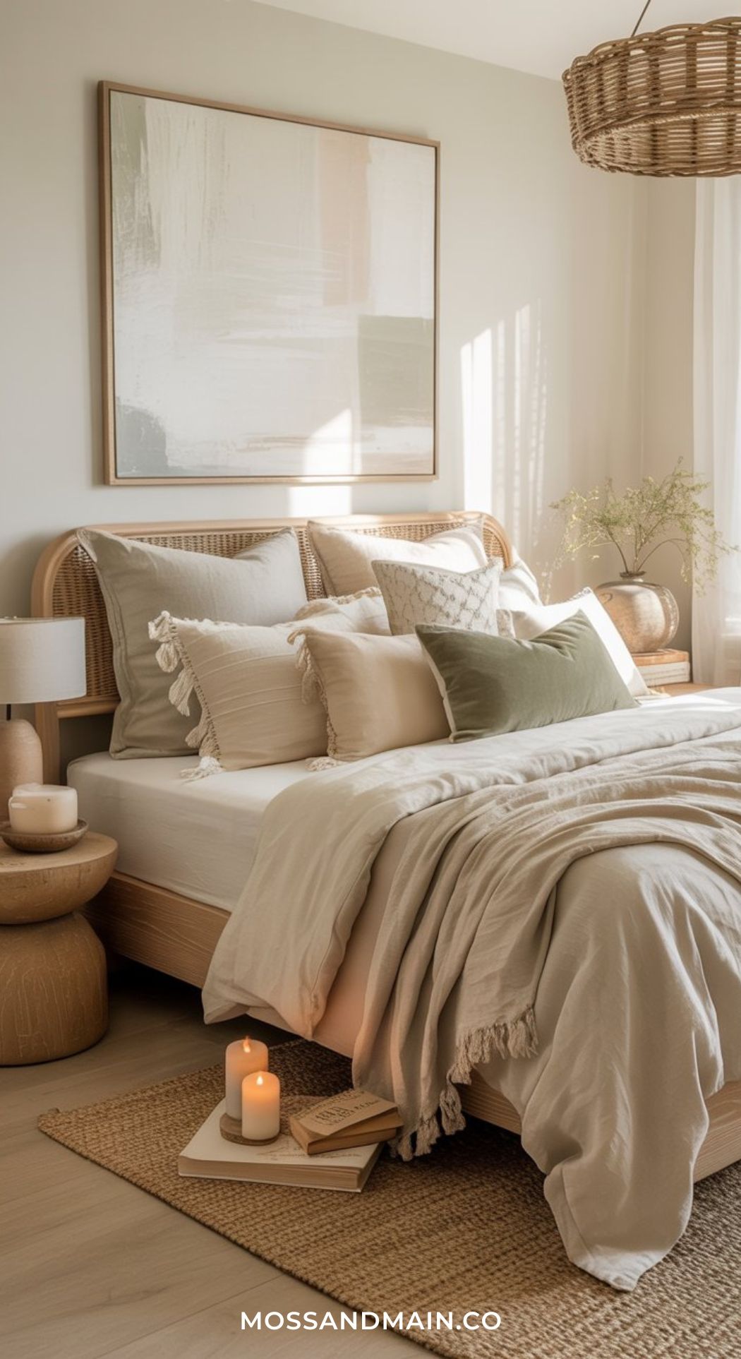 A cozy, neutral-toned bedroom featuring layered bedroom decor with a rattan bed, plush pillows and blankets, a woven rug, lit candles, wooden side tables, and soft natural light streaming through sheer curtains—perfect for cozy bedroom ideas.