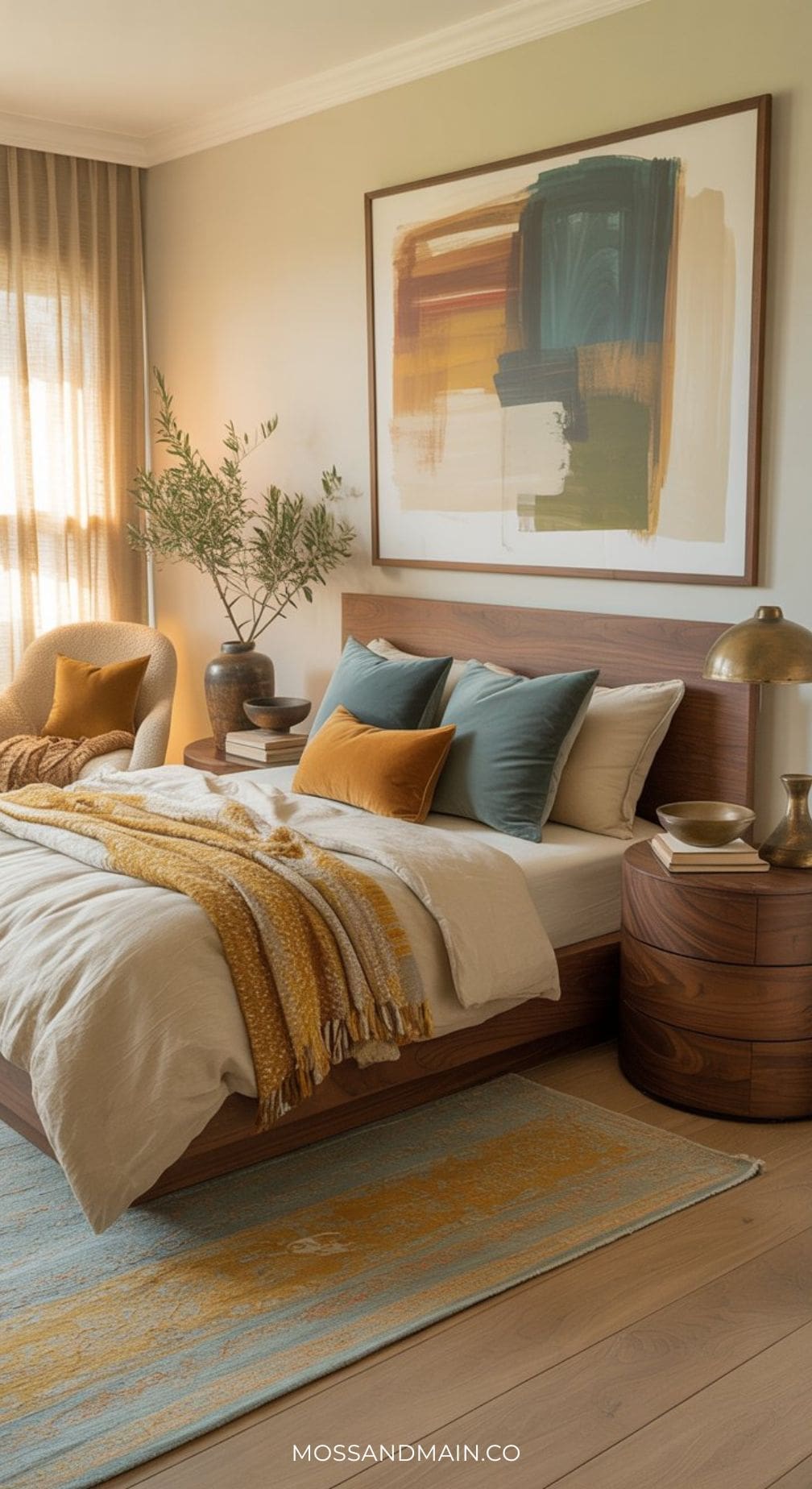 A cozy bedroom with a wooden bed features neutral bedding, a blue and mustard color palette, rust pillows, modern abstract art above the bed, a round nightstand, a lamp, and a potted plant by a sunlit window.