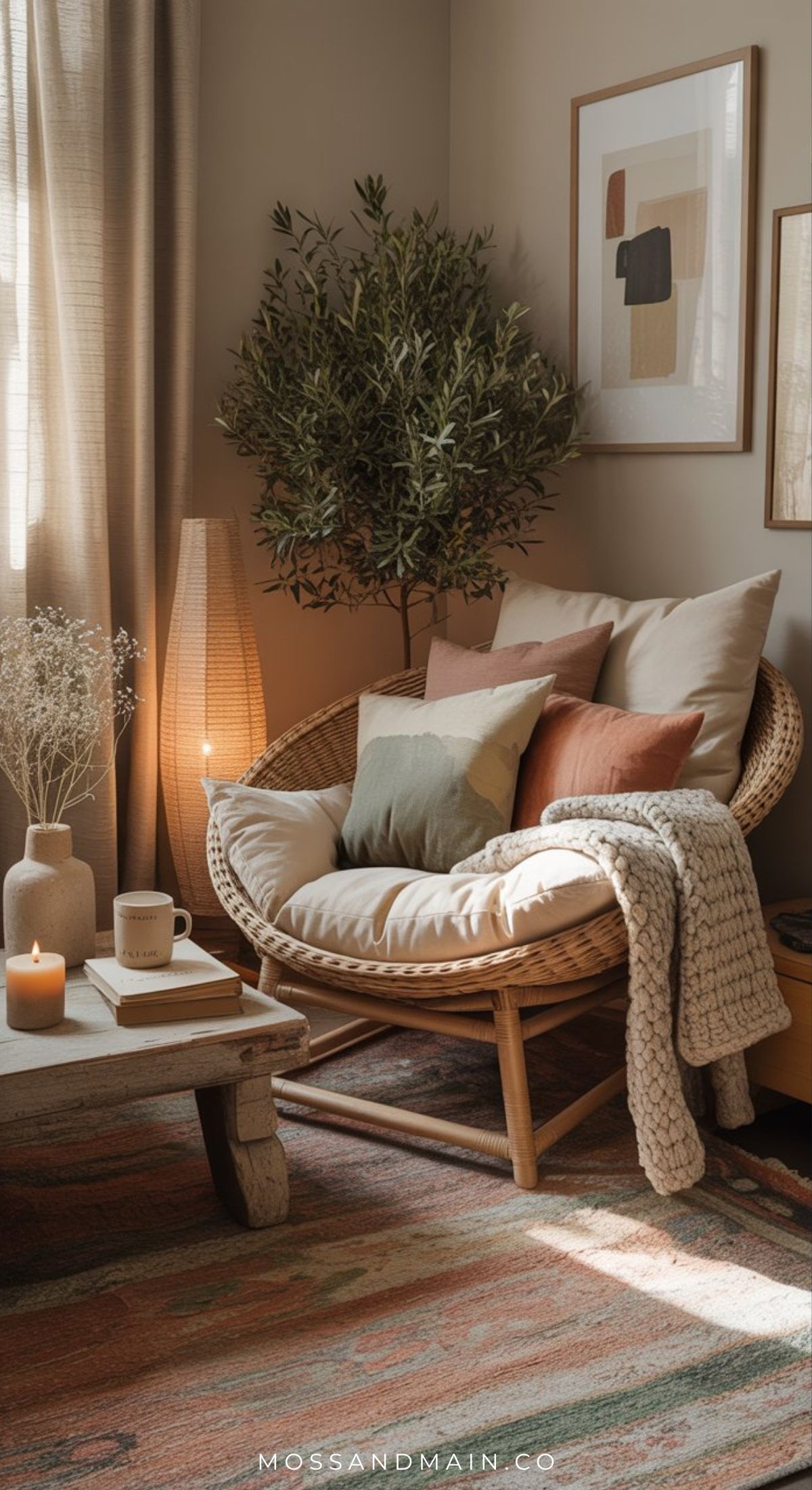 A cozy reading nook with a round rattan chair, neutral cushions, and a knit throw offers the perfect little escape. Warm earthy tones, framed art, a leafy plant, and more inspire endless reading nook ideas.
