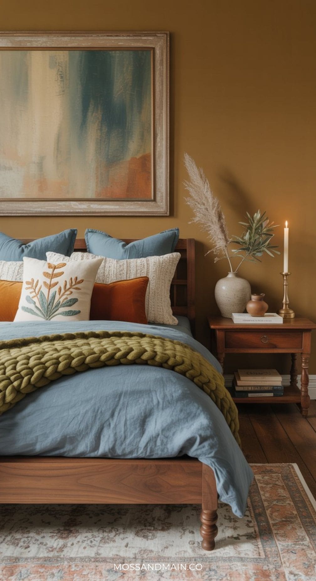 A cozy bedroom with a wooden bed dressed in blue and white bedding, rust and plant-themed pillows, a green knit throw, and a bedside table with a candle and books, set against a mustard color palette for a warm, inviting feel.