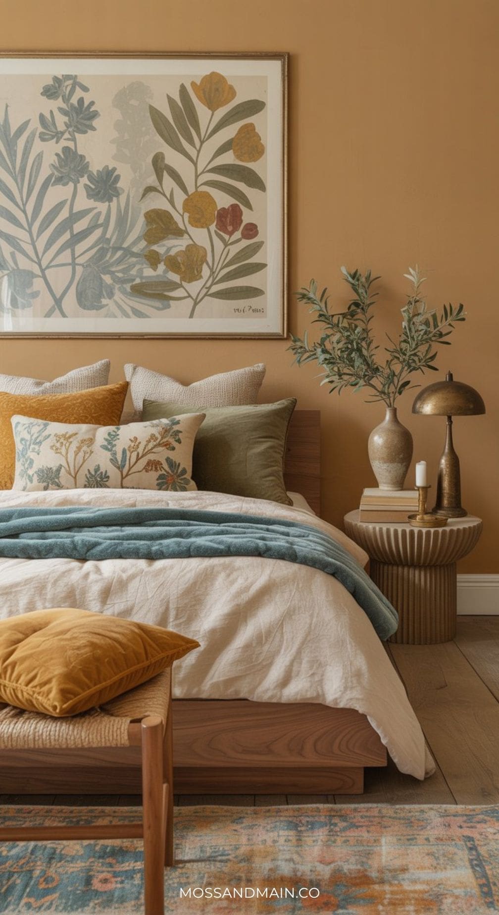 A cozy bedroom with a wooden bed, blue and mustard bedding, green and floral pillows, a teal throw blanket, a wooden bench, a round side table with a lamp, vases, leafy plant, and botanical artwork on a tan wall.