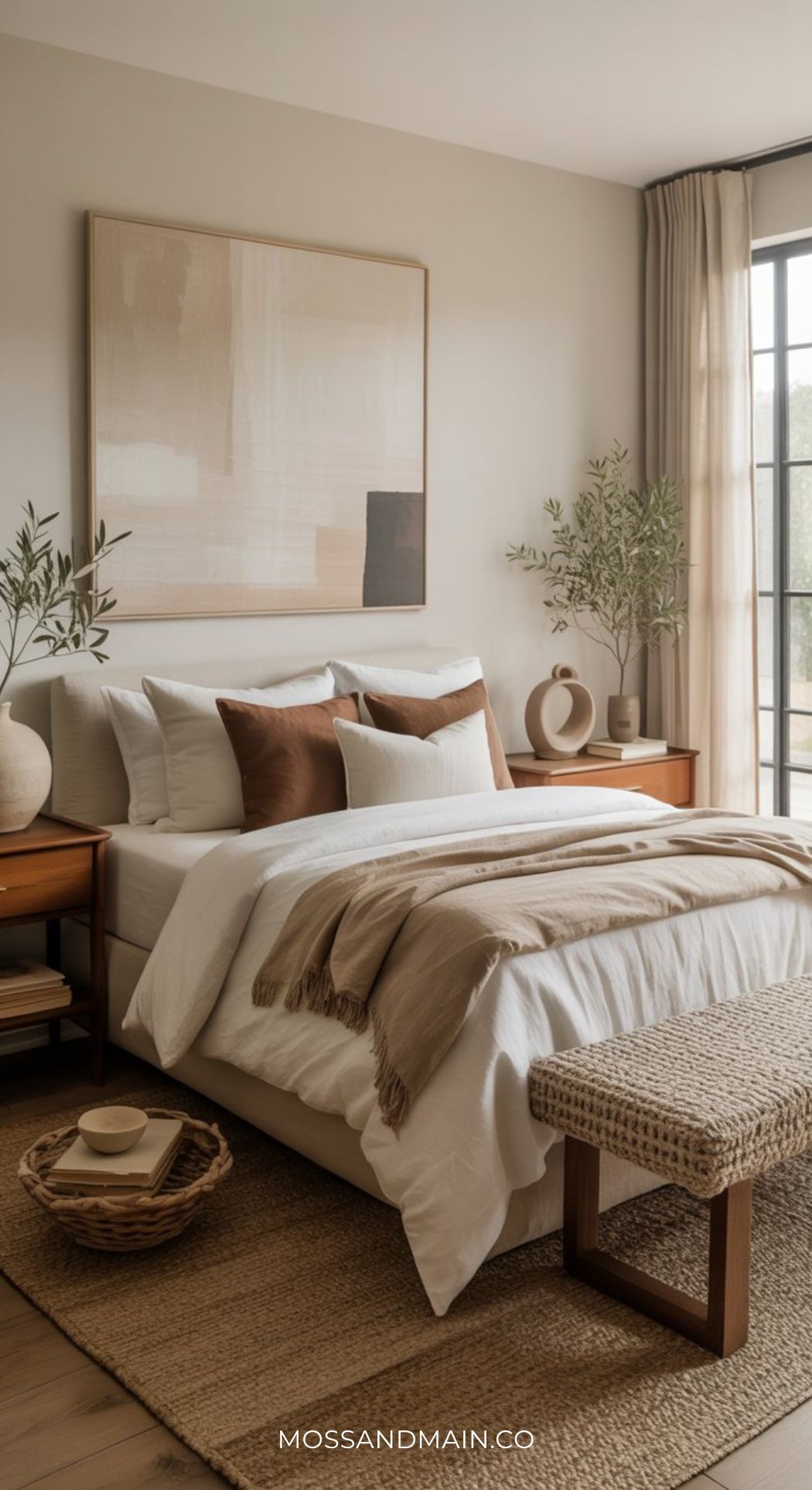 A warm, cozy bedroom features a neatly made bed with white and beige linens, brown accent pillows, wooden nightstands, potted plants, a woven bench, and large windows with beige curtains—perfect for beige bedroom ideas. Abstract art hangs above the bed.