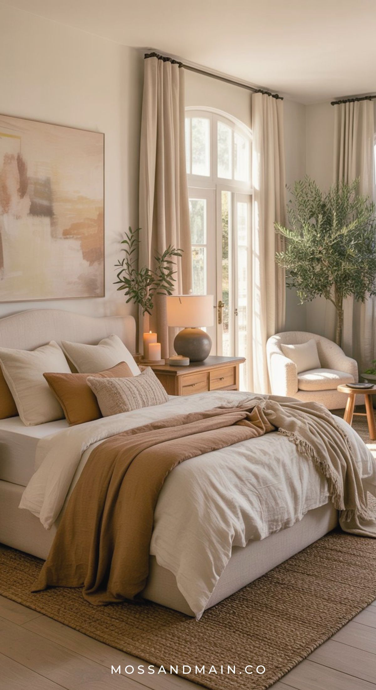 A cozy bedroom with neutral tones features a neatly made bed with beige and brown bedding, a wooden dresser, a comfy chair, large windows with curtains, a potted tree, and soft natural light—perfect for earthy bedroom inspiration.