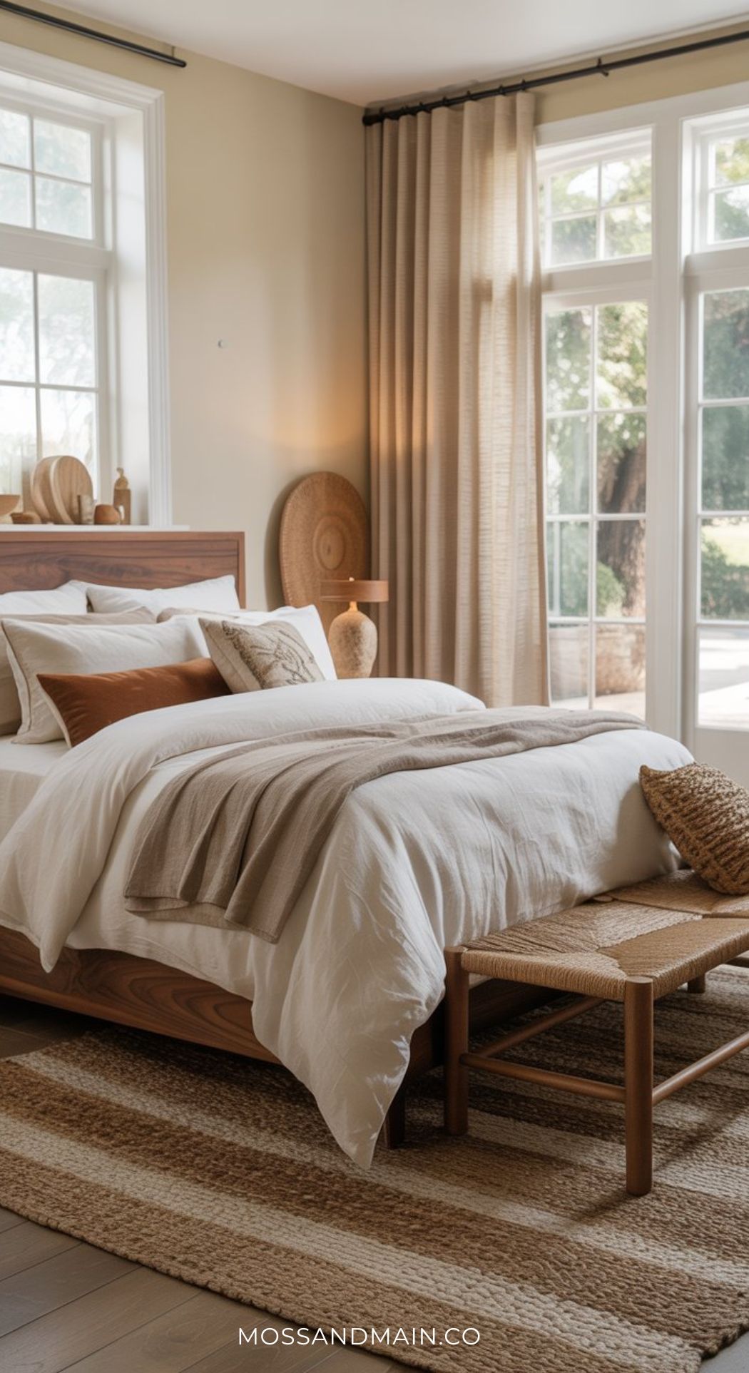 A cozy mocha bedroom with a wooden bed, white bedding, beige and brown accents, a woven bench, and large windows with sheer curtains. A textured rug covers the floor—perfect inspiration for slow living and tranquil bedroom ideas.
