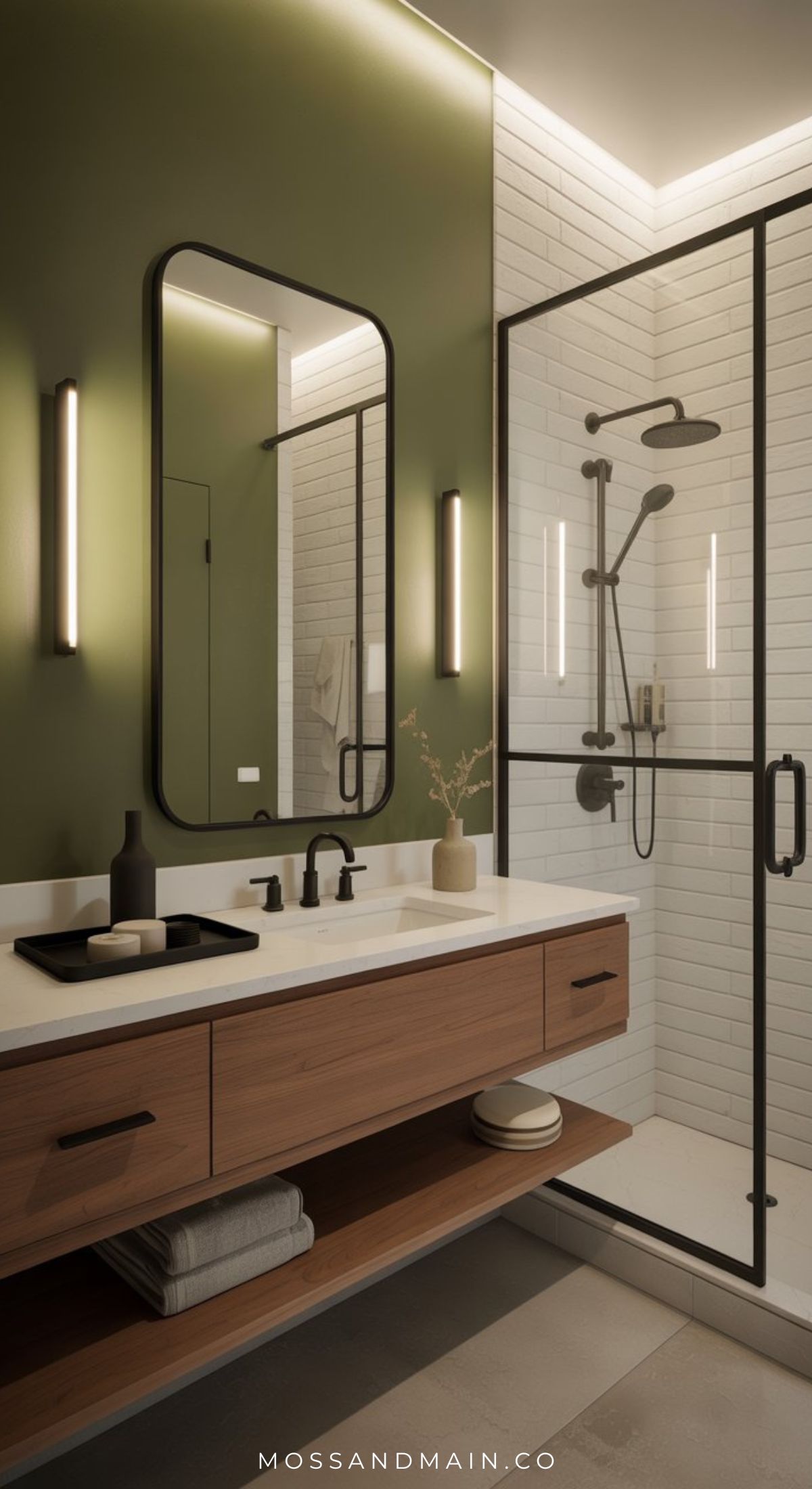 A modern Olive Green Bathroom with a striking accent wall, large mirror, wooden vanity, black fixtures, and a glass-enclosed shower with white subway tiles. Towels and decor items are neatly arranged for fresh Bathroom Ideas.