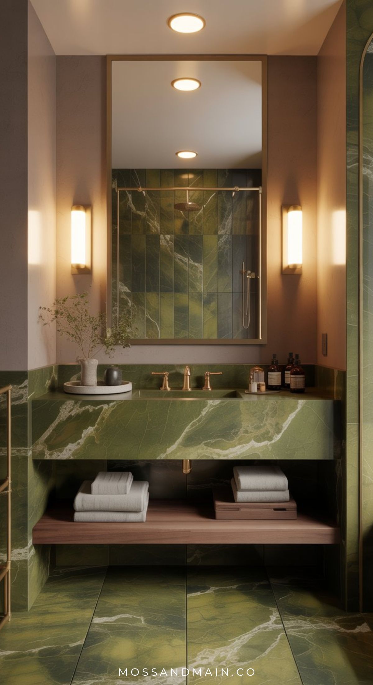Modern bathroom with olive green marble walls, countertop, and floors, a large mirror, wall sconces, gold fixtures, a wooden shelf with towels, and a glass shower reflected in the mirror. Perfect inspiration for unique bathroom ideas.