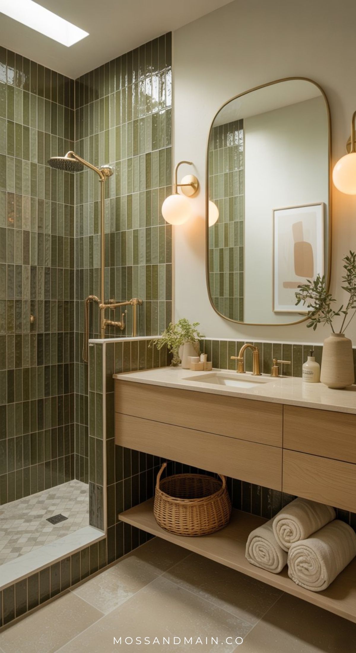 A modern Olive Green Bathroom featuring vertical shower tiles, a floating wooden vanity, round mirror, warm wall lights, neatly rolled towels, and a wicker basket. A plant and framed art complete this stylish bathroom design.