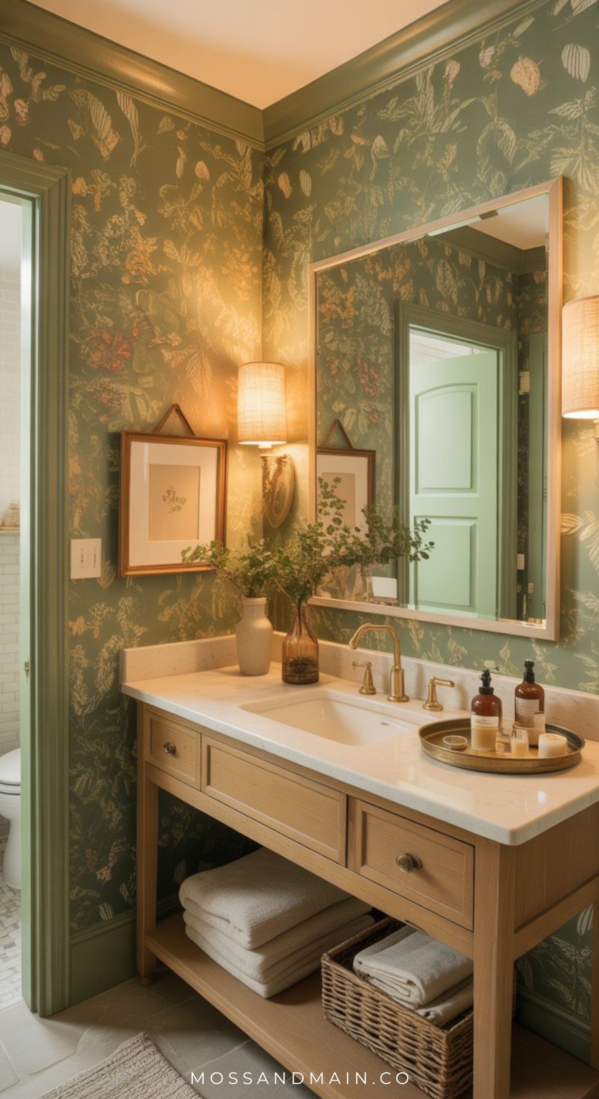A cozy olive green bathroom with floral wallpaper, a wooden vanity with a white countertop, twin mirrors, soft wall sconces, potted greenery, and neatly folded towels underneath the sink—perfect for charming bathroom designs.