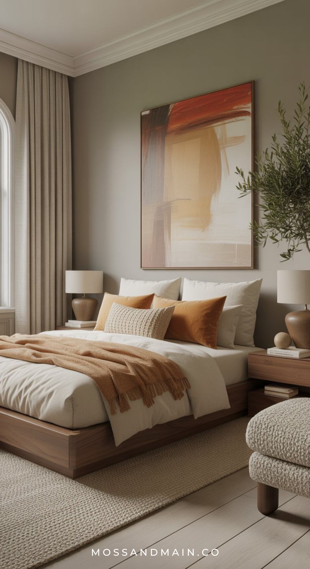 Modern bedroom with a wooden bed, rust orange bedding, textured pillows, a knit throw, matching nightstands with lamps, large abstract painting, olive tree, and floor-length curtains—perfect for earthy bedroom ideas. Mossandmain.co branding at the bottom.